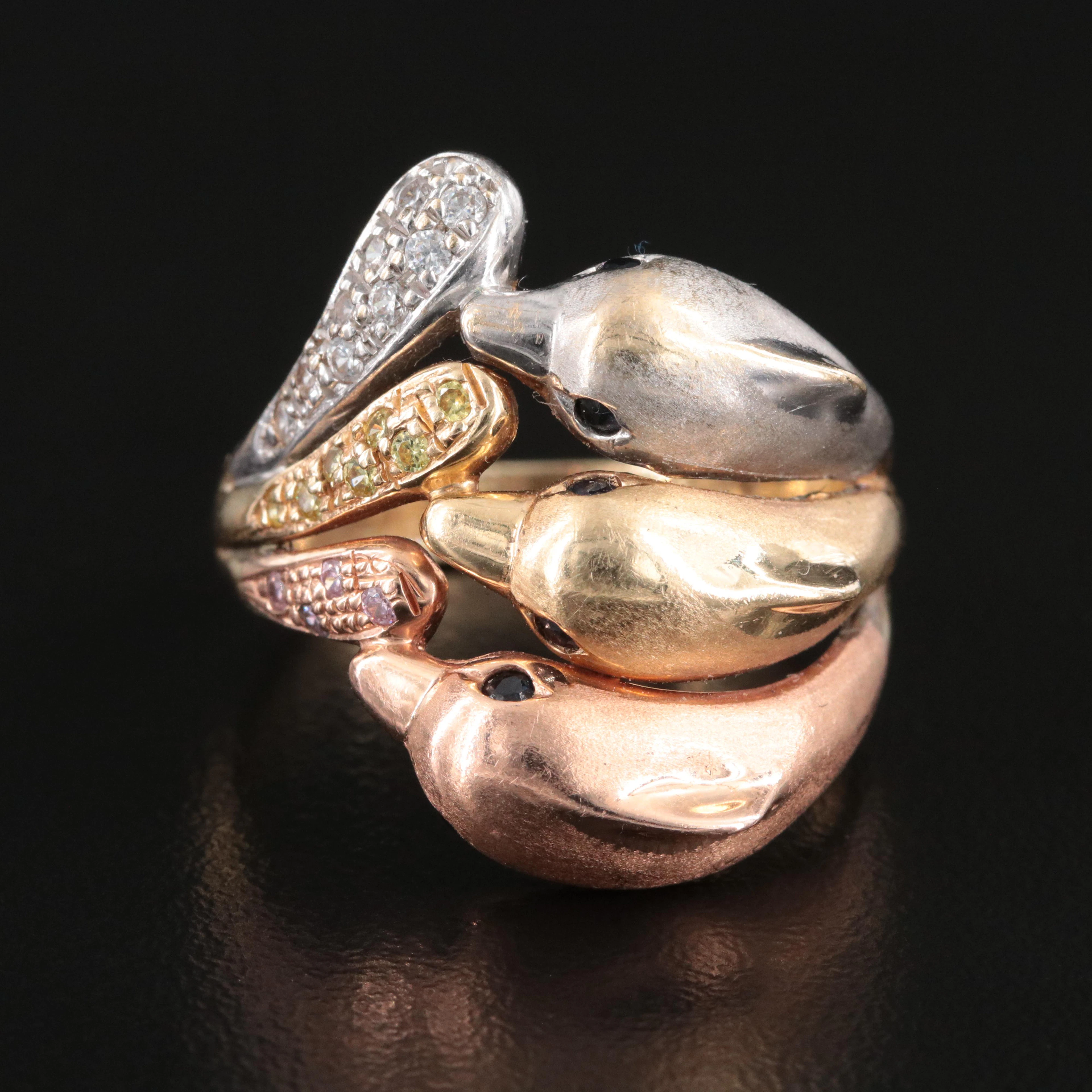 14K Tri-Color Sapphire and CZ Dolphin Ring