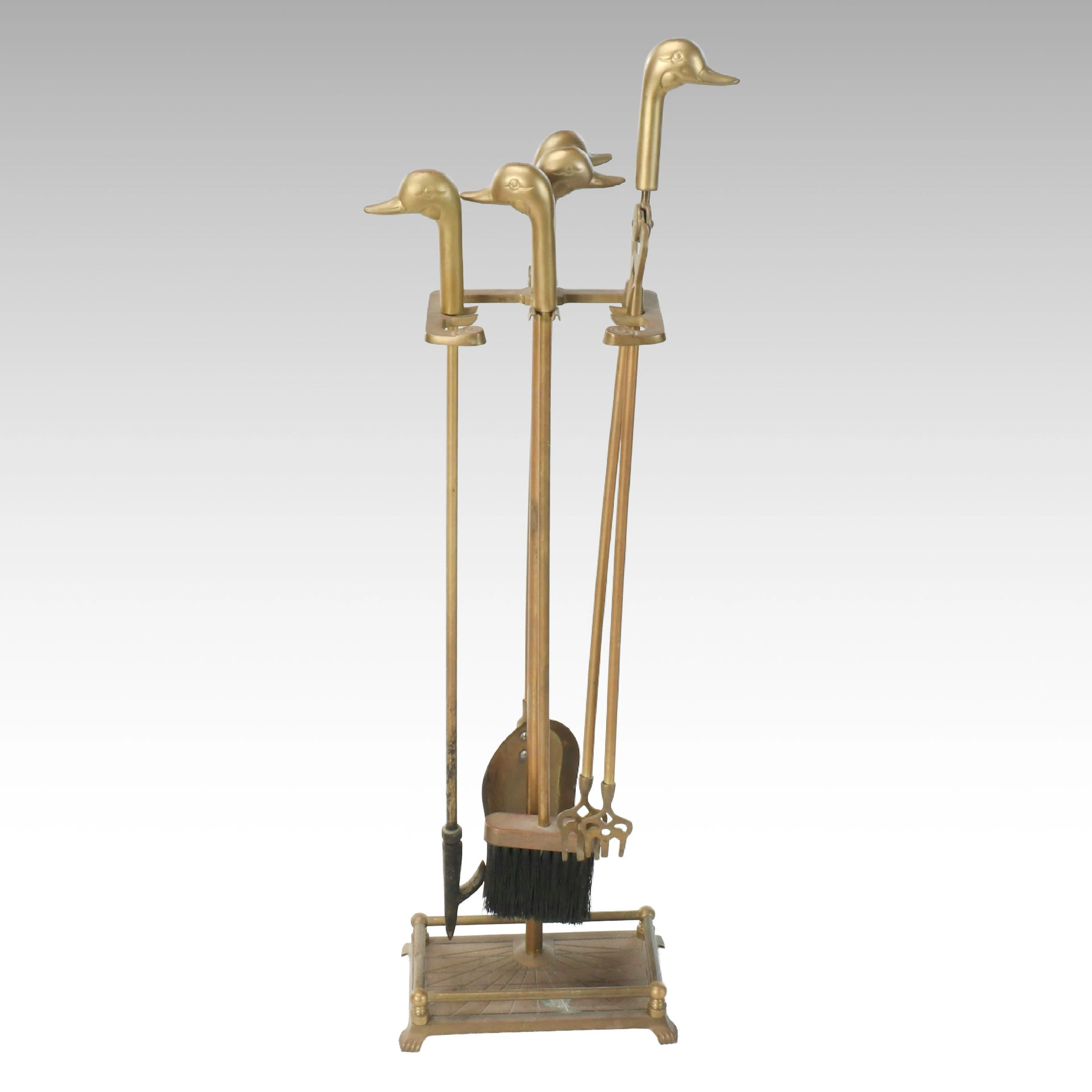 Brass Tone Duck Handle Fireplace Tool Set, 21st Century