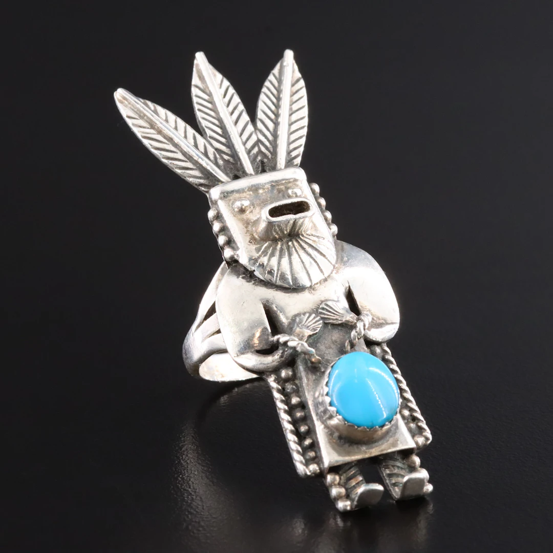 Southwestern Signed Sterling Turquoise Kachina Ring