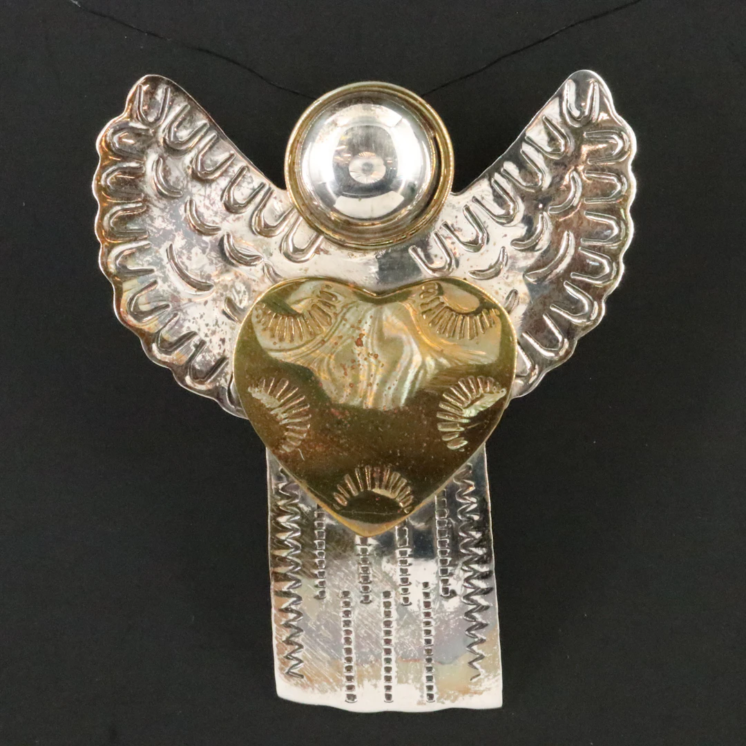 Sterling Angel Pendant Brooch with Brass Accents