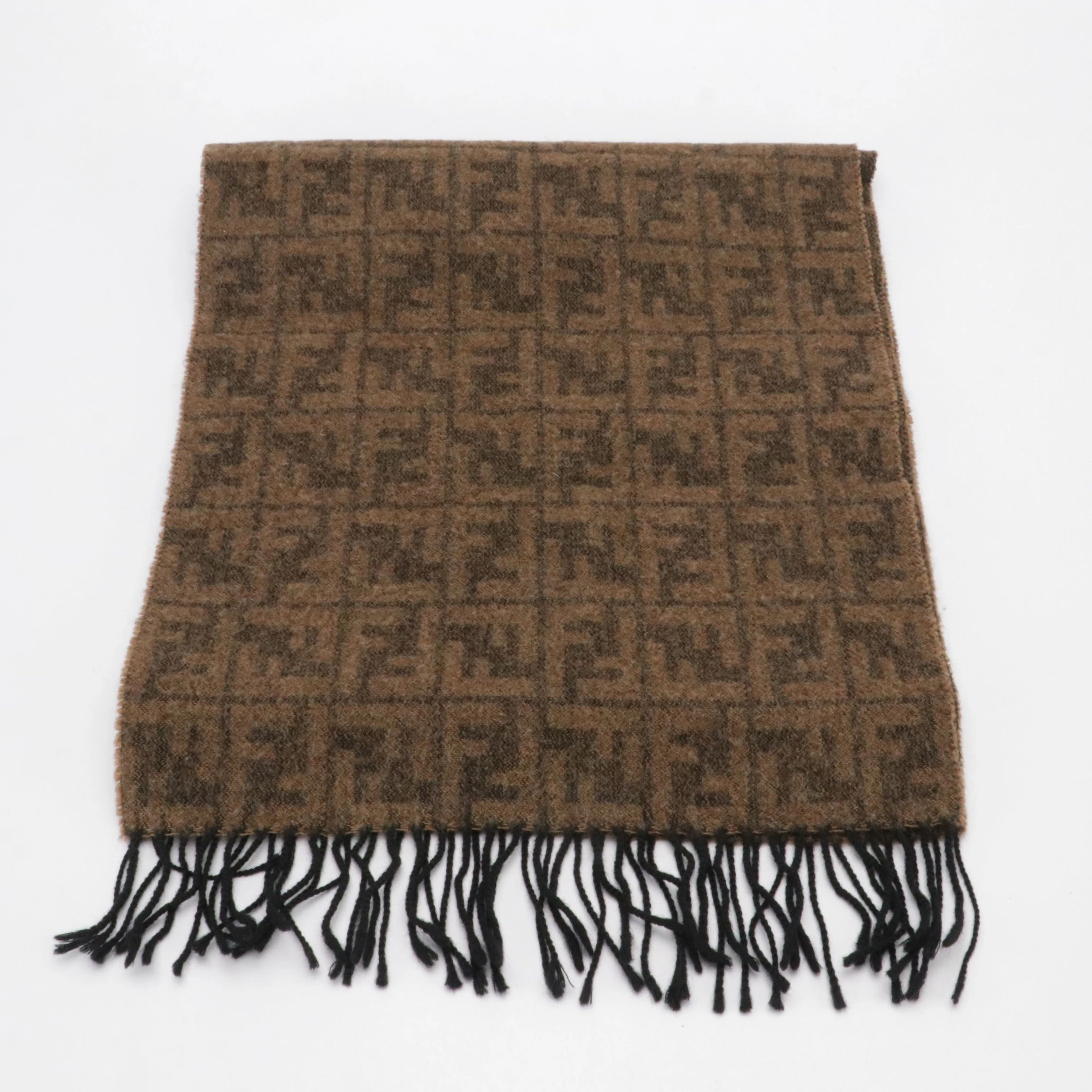 Fendi Vintage Zucca Printed Wool Fringe Scarf