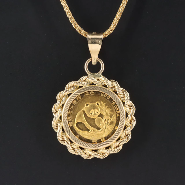 14K Pendant Necklace with China 5-Yuan 1/20th Oz. Gold Panda Bullion Coin