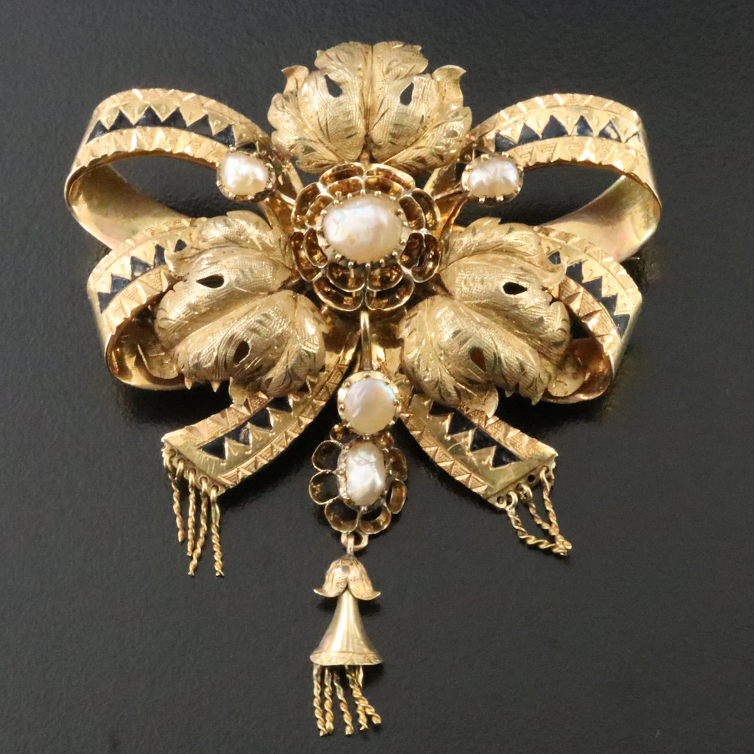 Early 1900s 18K Two-Tone Gold Pearl and Enamel Foliate Ribbon Bow Brooch