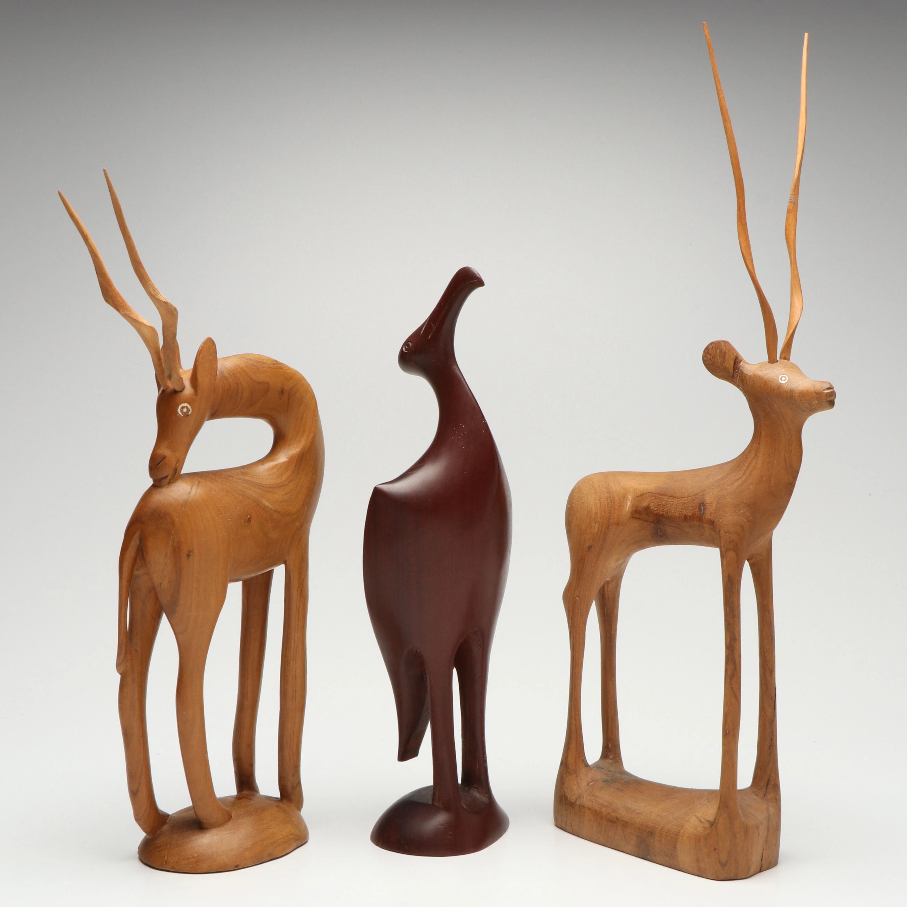 Mid Century Modern Style Hand-Carved Wood Heron and Antelope Figures