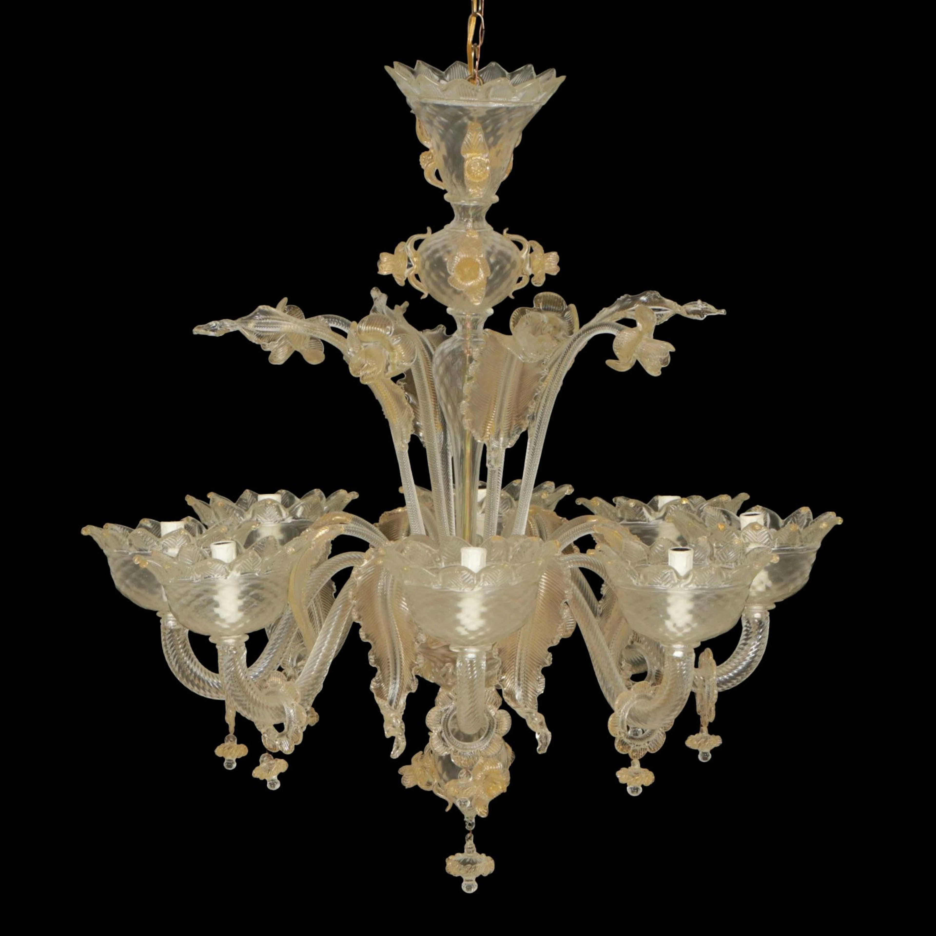 Murano Glass Eight Arm Chandelier with Gilt Accents