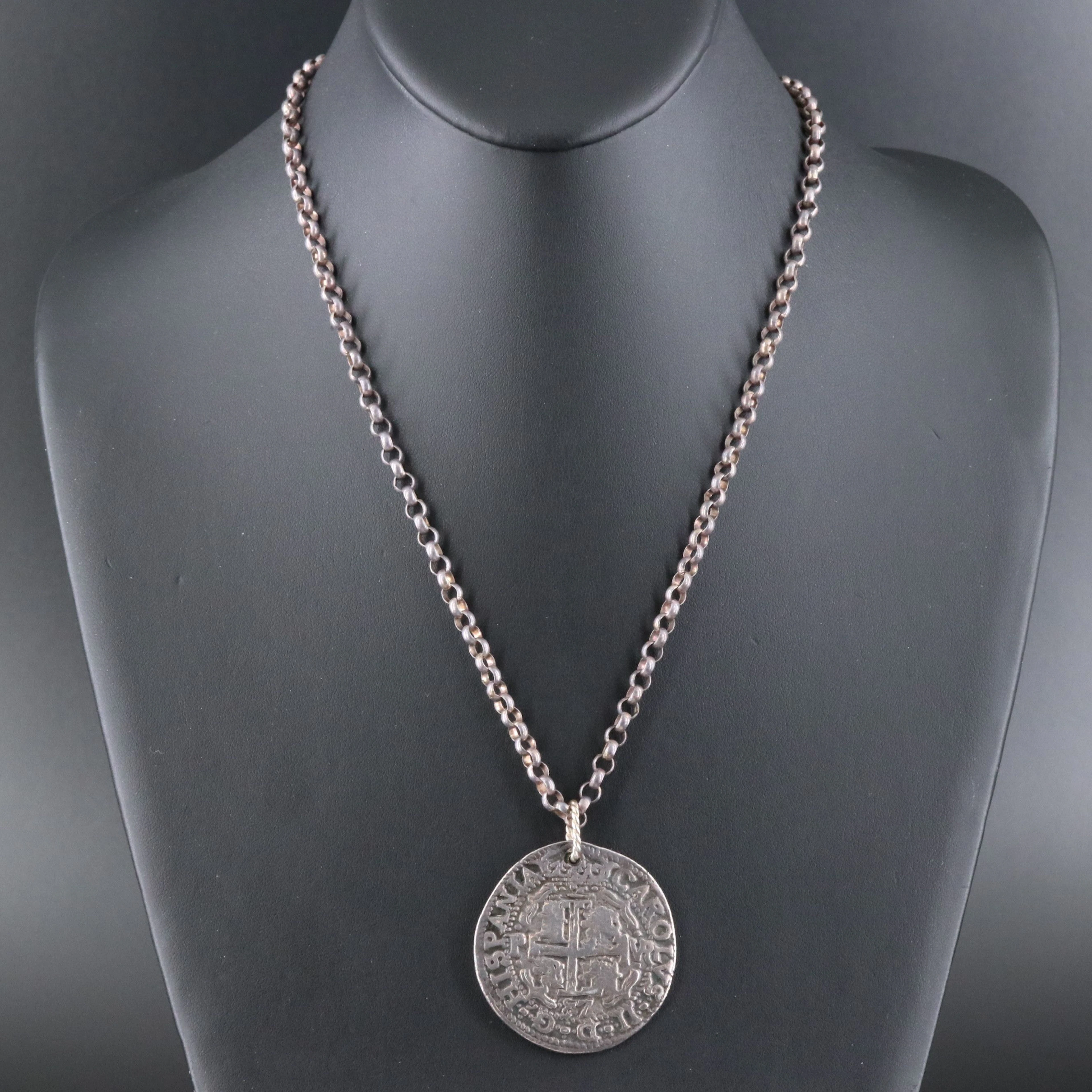 Sterling Necklace with Replica 1687 Bolivia Silver 8 Reals Coin