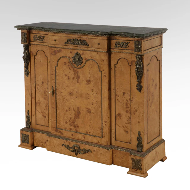 Empire Style Brass-Mounted Burlwood and Green Marble Console Cabinet