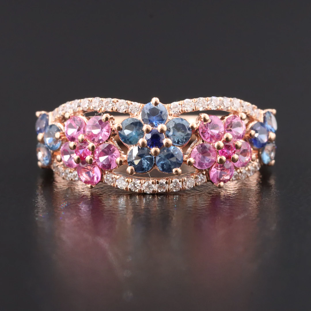 14K Rose Gold Sapphire, Ruby and Diamond Ring