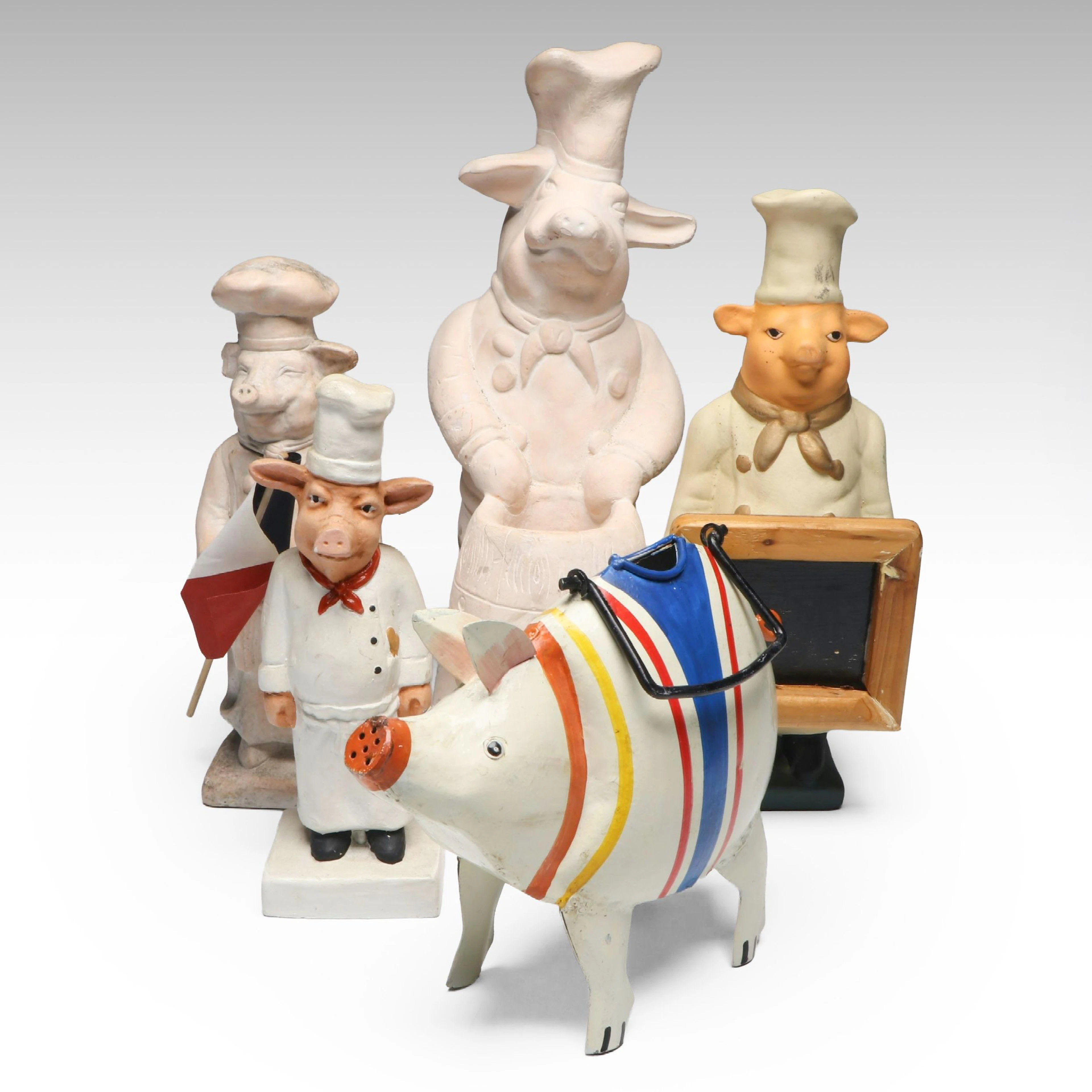 Pig French Chef Ceramic and Plaster Figurines with Pig Watering Can