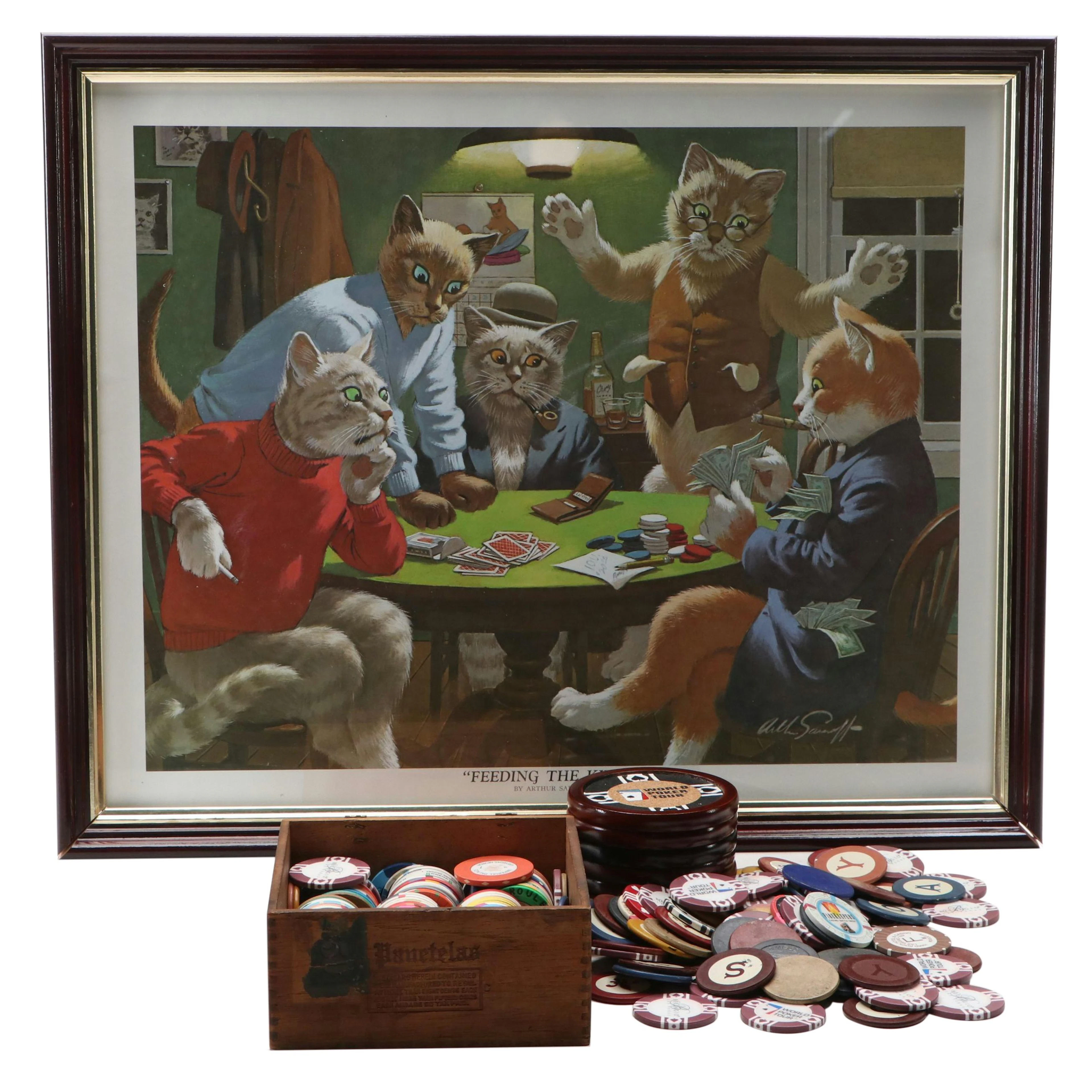 "Feeding The Kitty" Print After Arthur Sarnoff with Poker Chips and Coasters