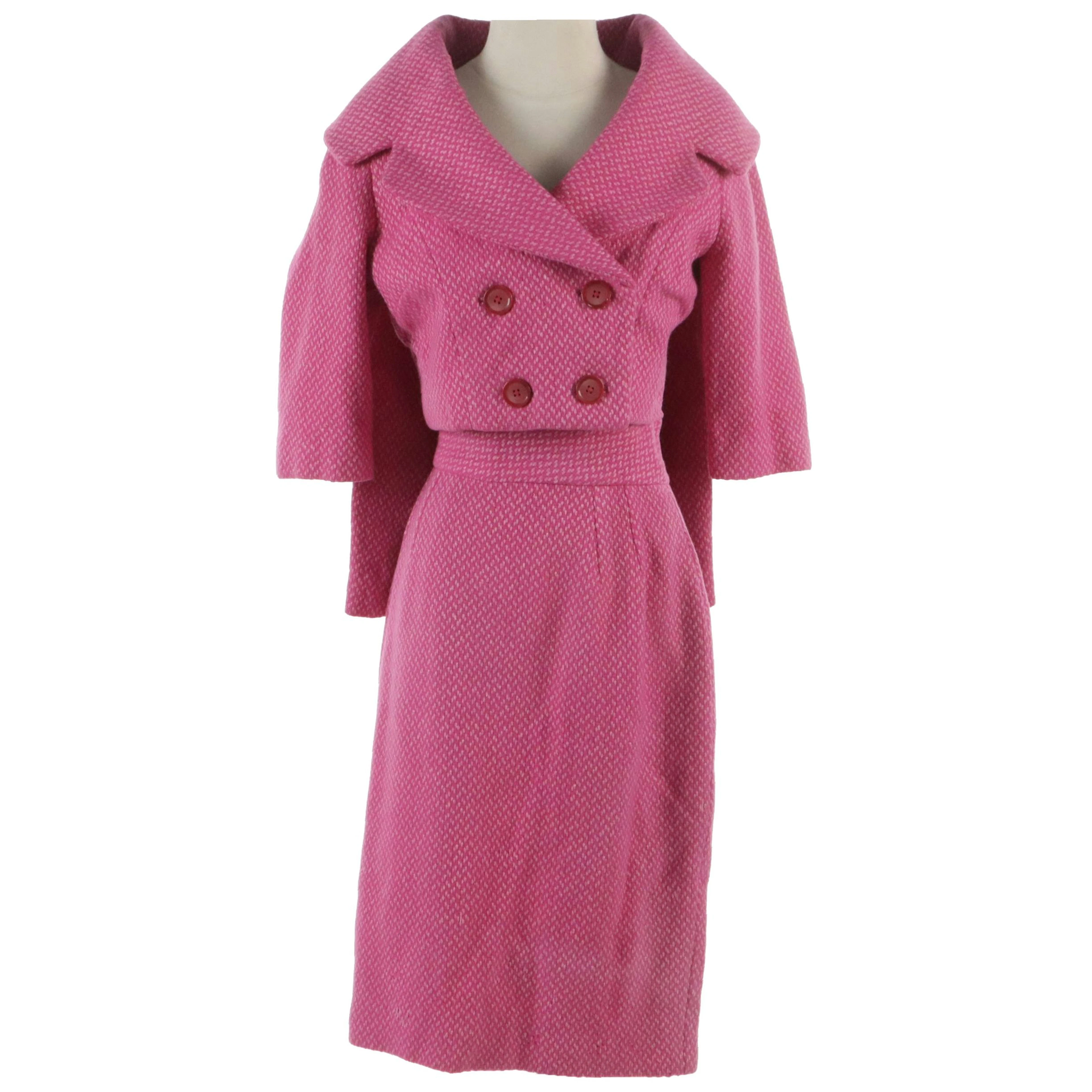 Charles Baltimore Vintage Hot Pink Tweed Skirt Suit, 1960s