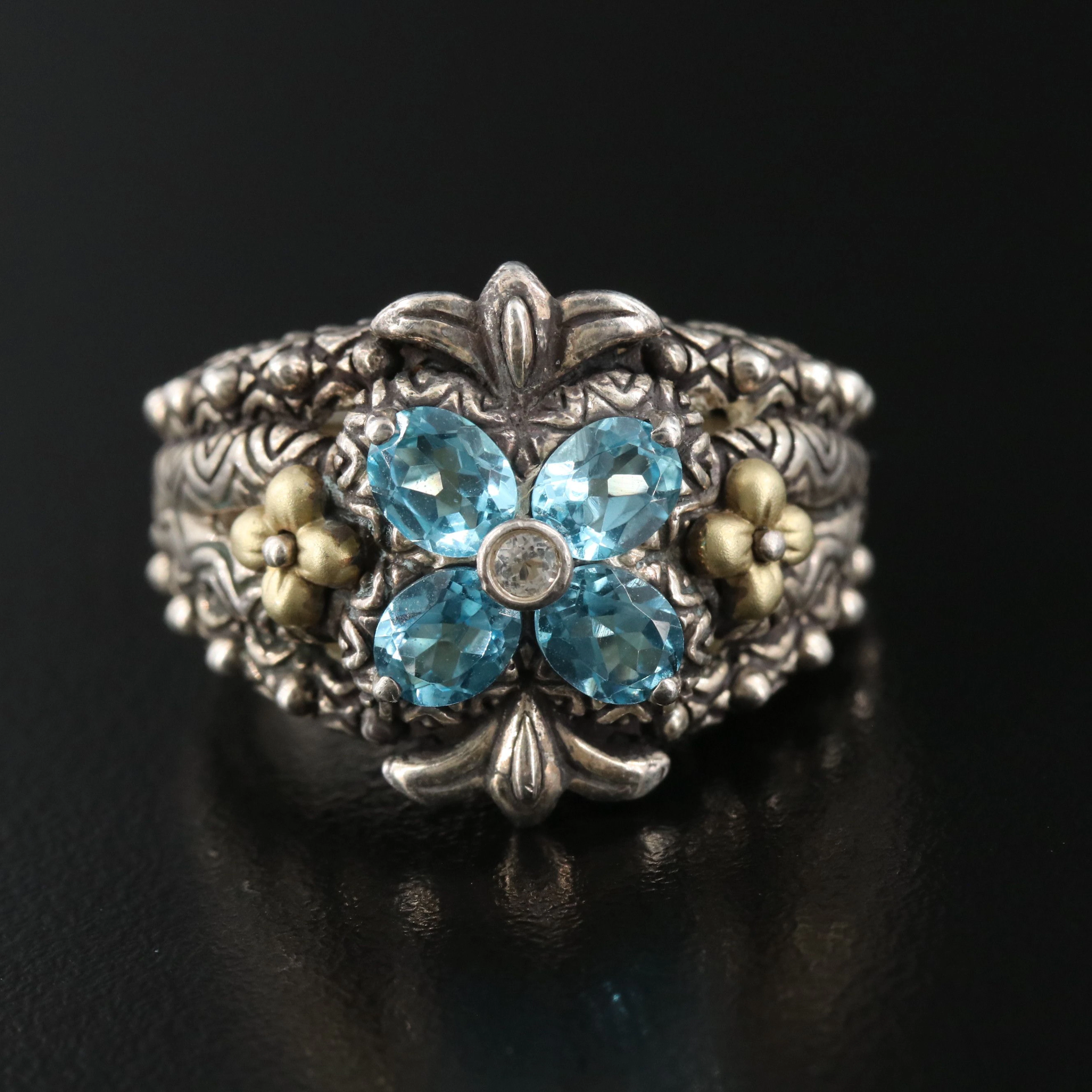 Barbara Bixby Sterling Blue and White Topaz Flower Ring with 18K Accents