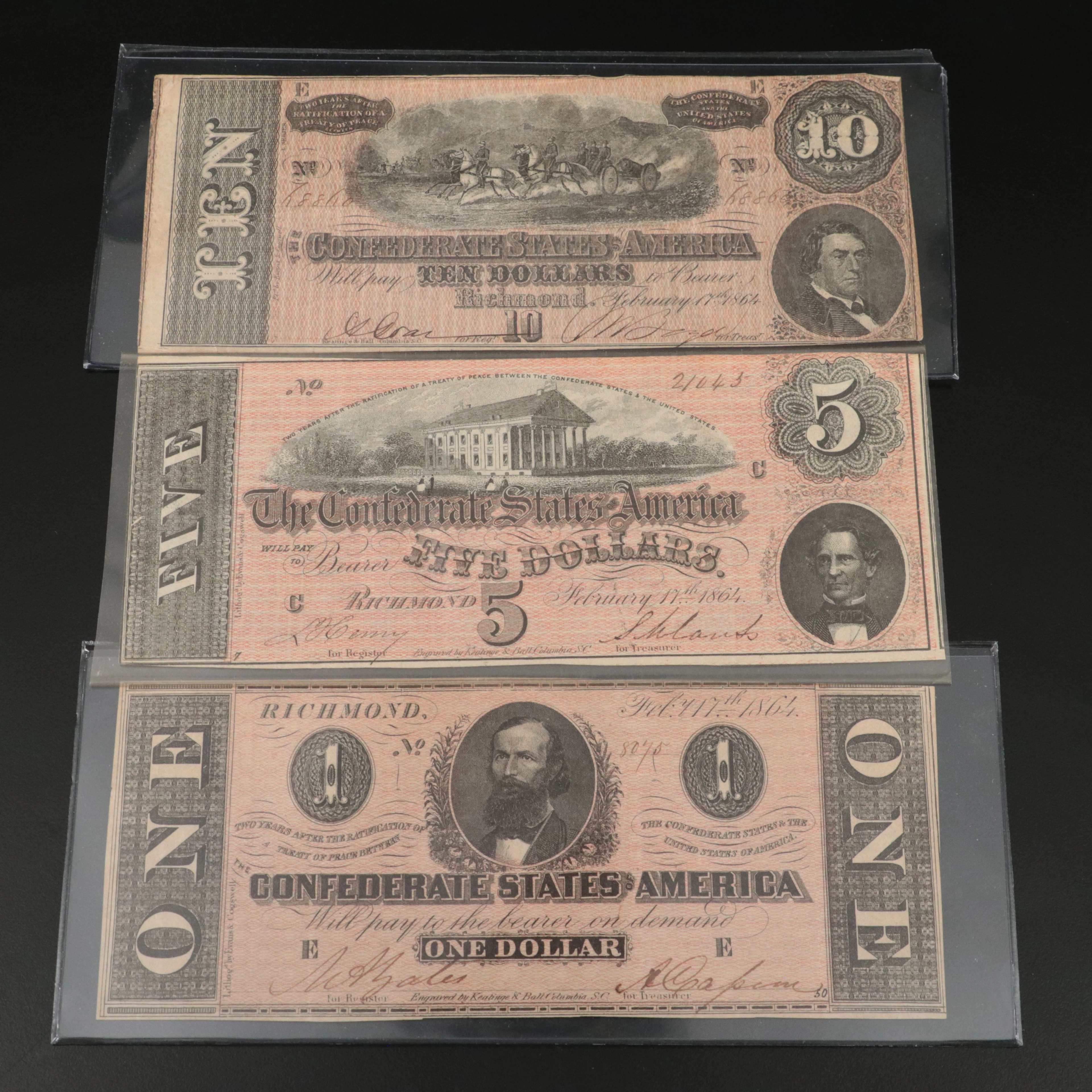 Three Different 1864 Confederate Currency Notes
