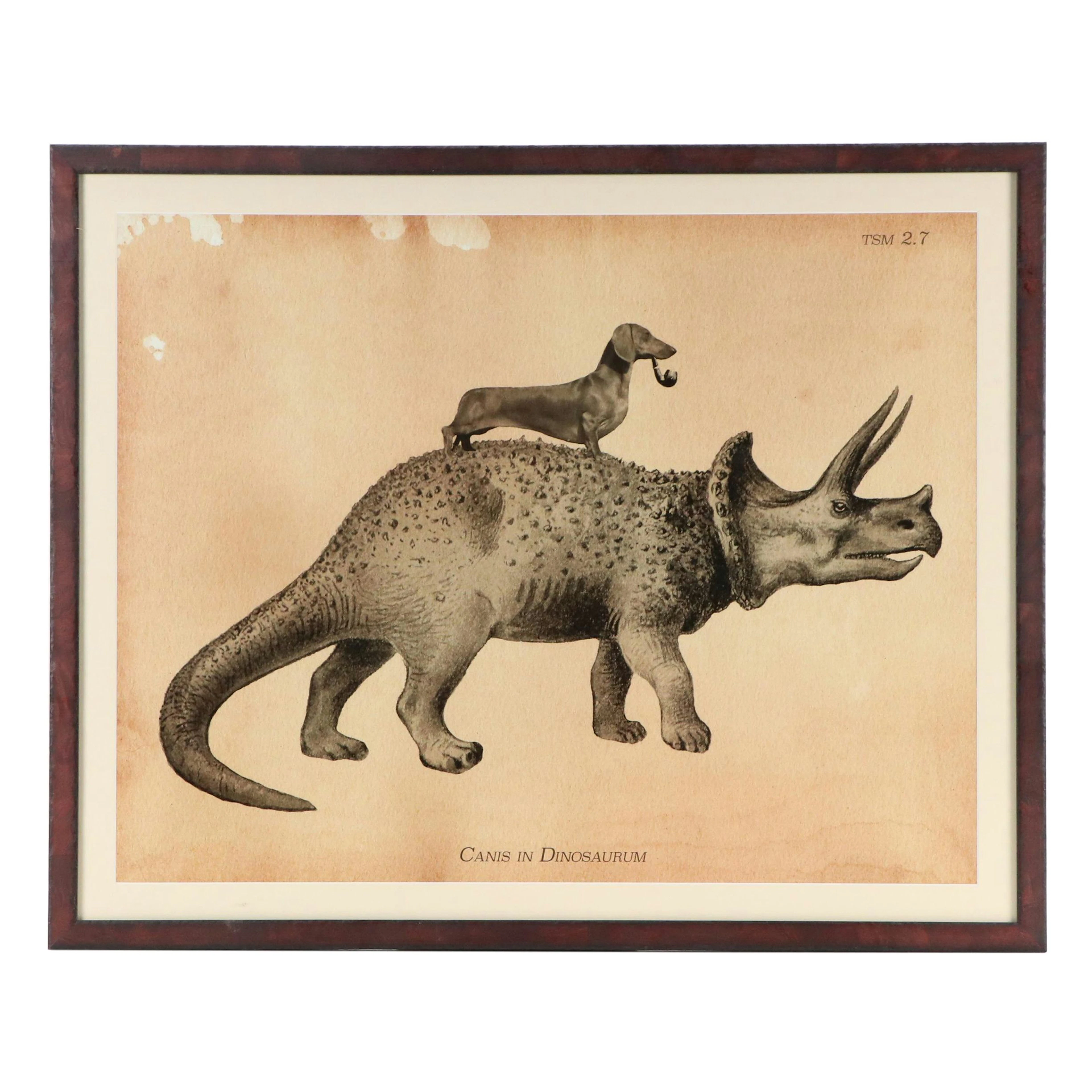 Giclée of Dachshund with Pipe Riding Triceratops "Canis in Dinosaurum"