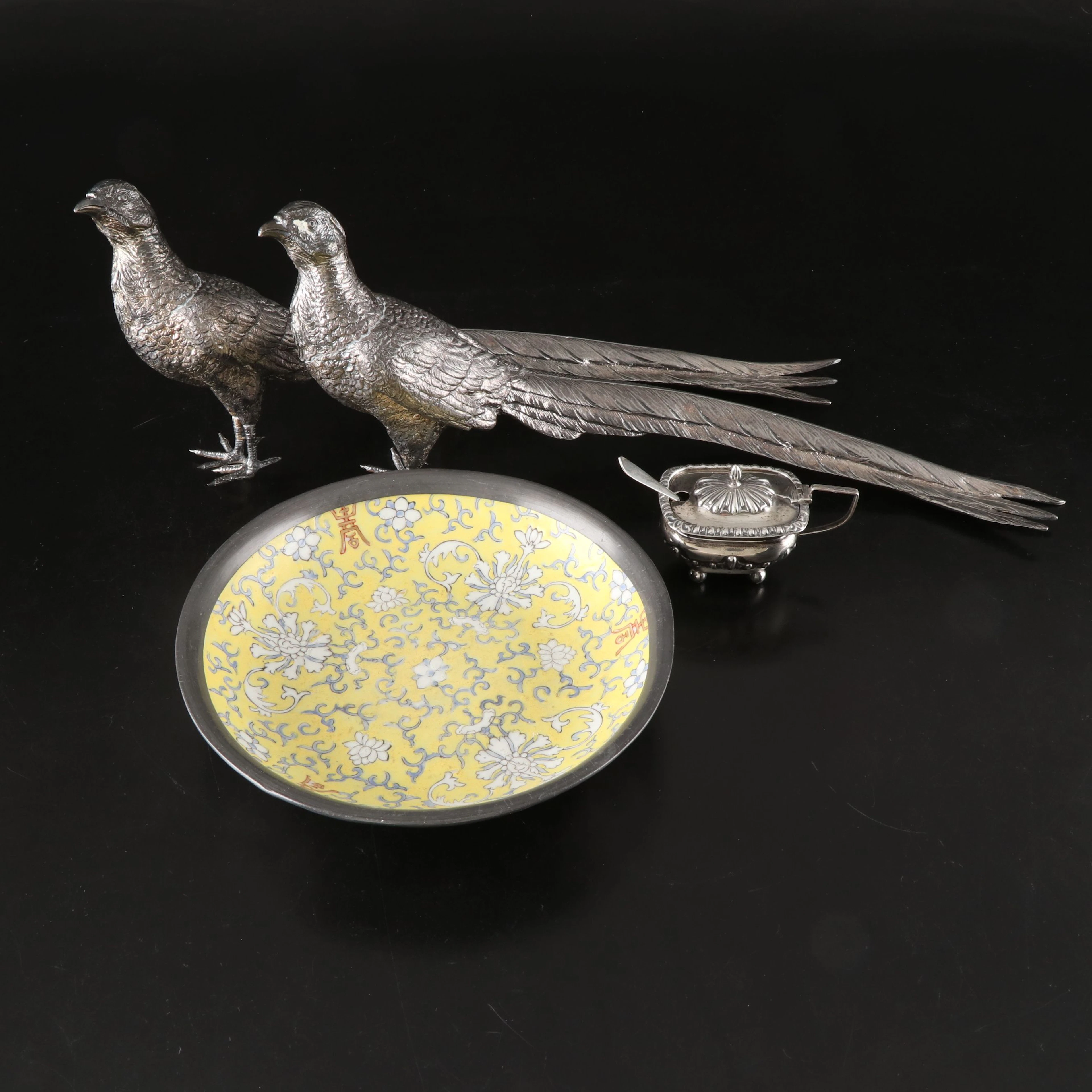 Victorian Sterling Salt Cellar with Peacock Figurines and Porcelain Bowl