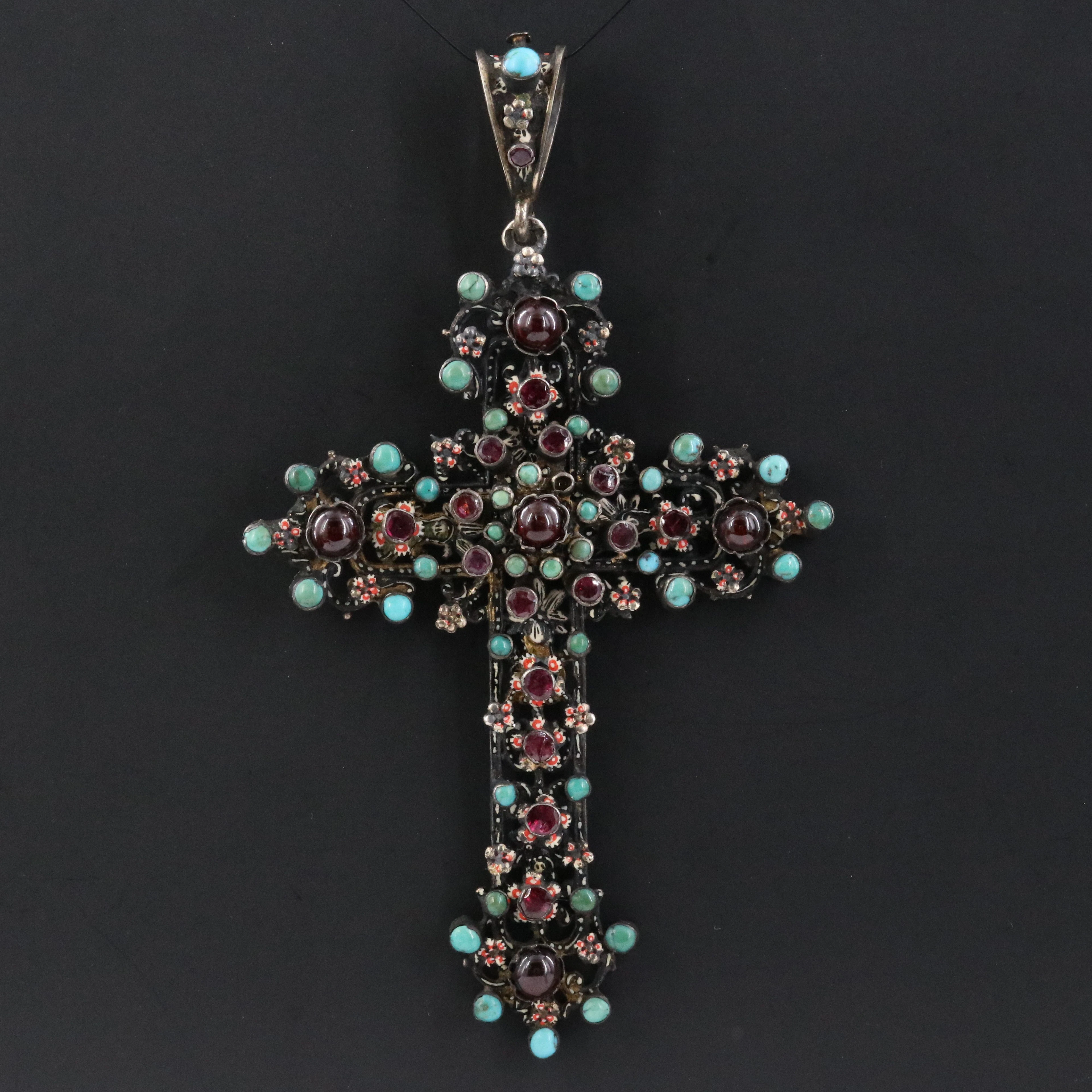 Antique Hungarian 800 Silver Garnet and Turquoise Cross Pendant