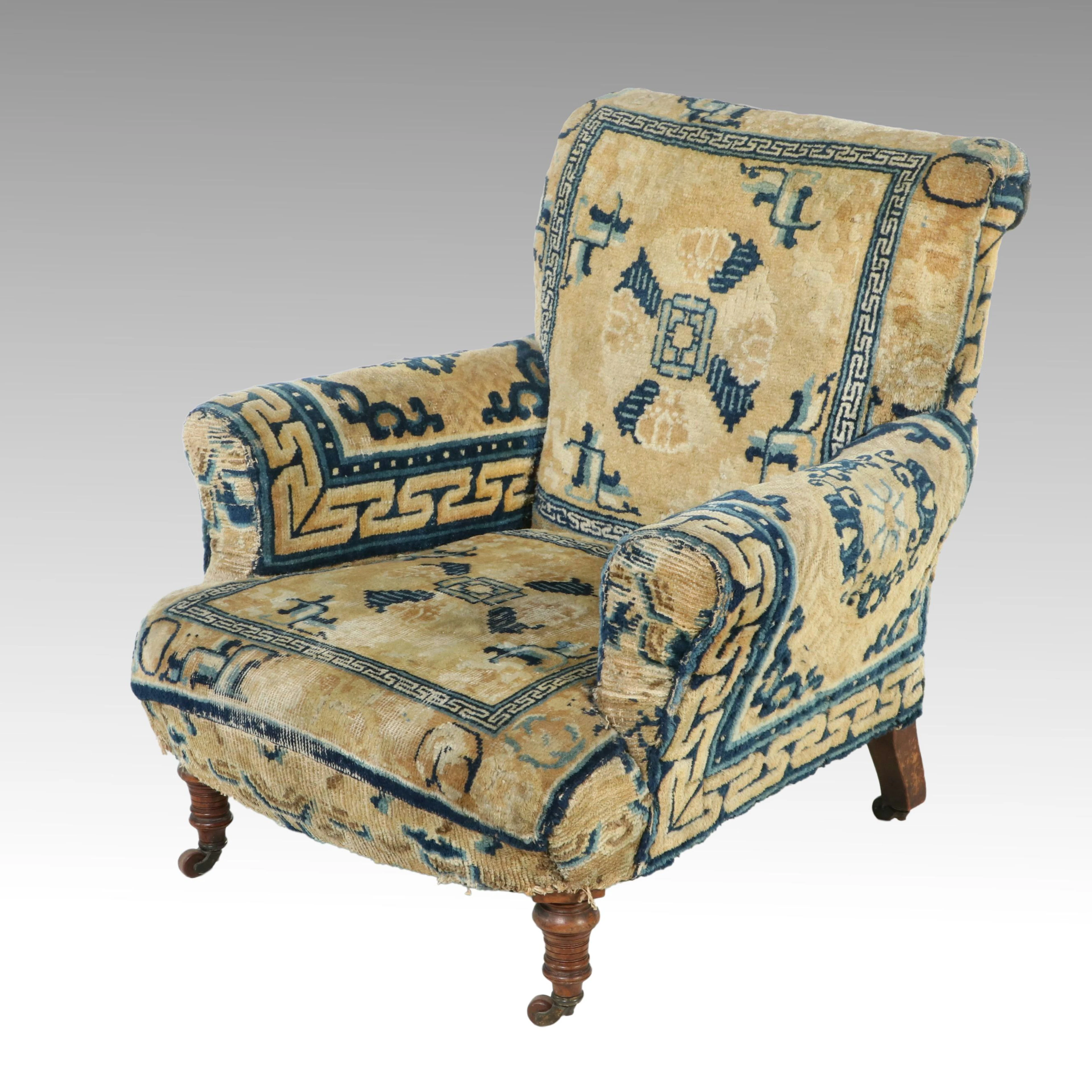 Antique Club Chair Upholstered in 18th Century Chinese Carpet Fragments