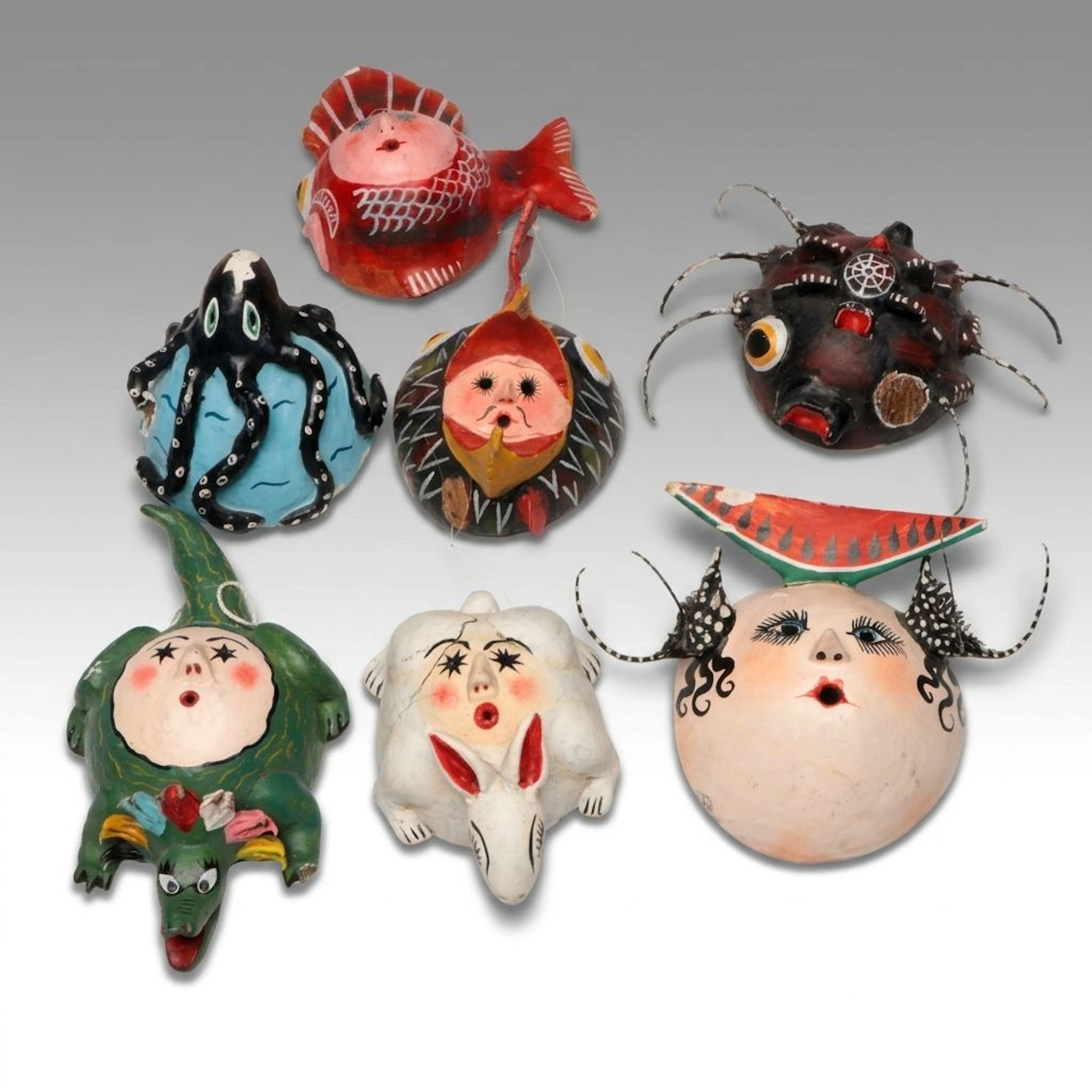 Mexican Folk Art Hand-Painted Coconut Shell Wall Hanging Masks