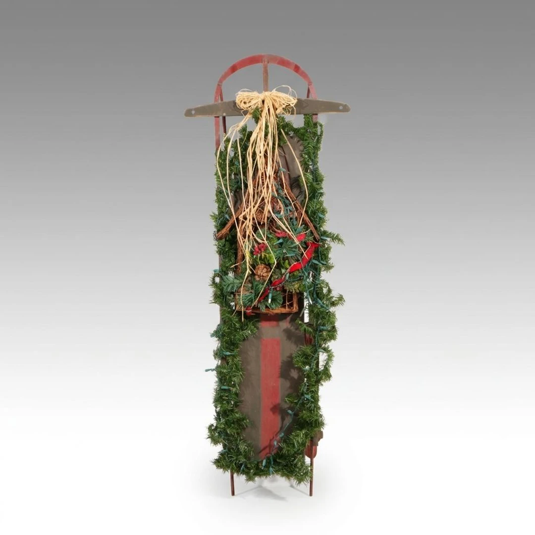 Antiqued Snow Sled with Christmas Lights Decoration