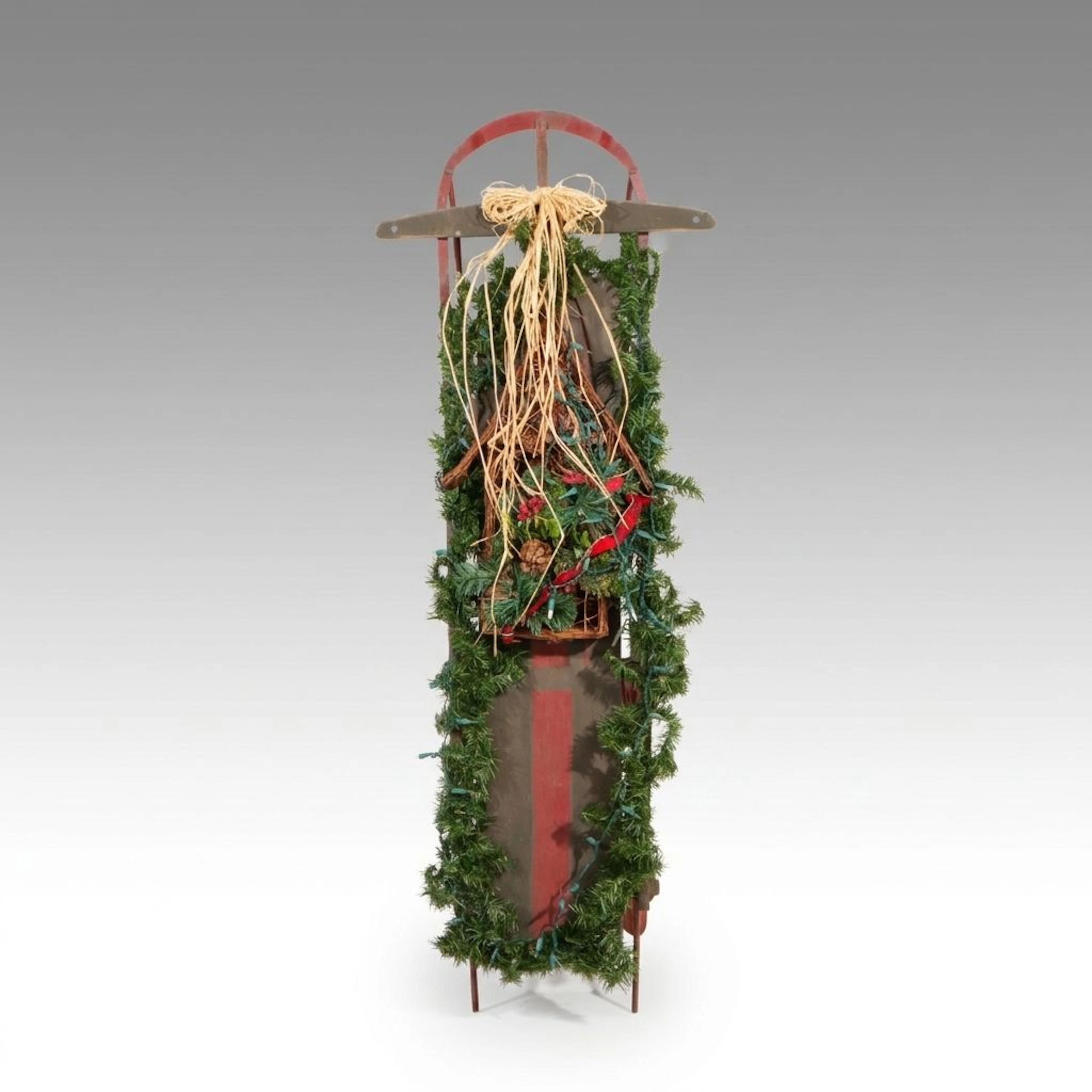 Antiqued Snow Sled with Christmas Lights Decoration