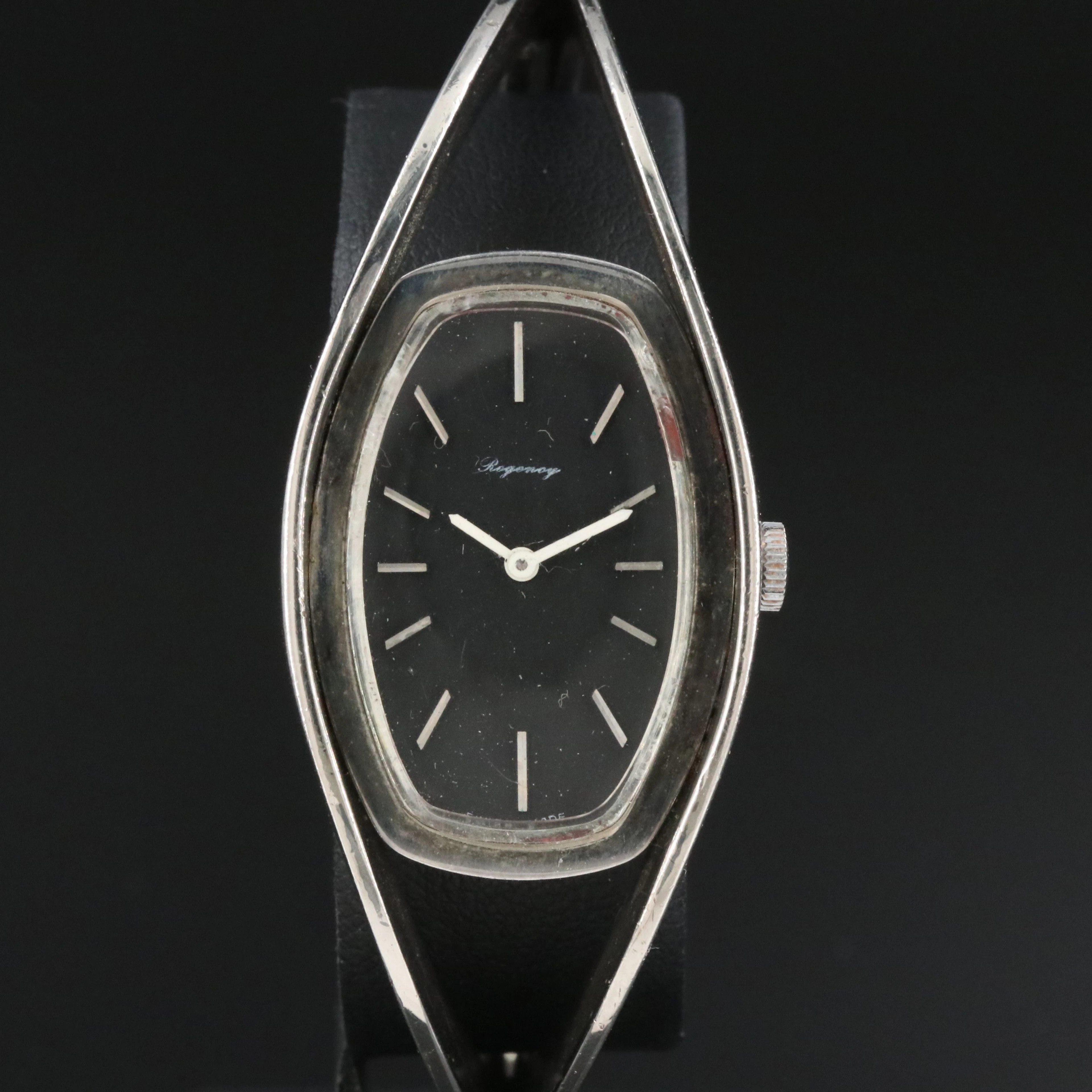 Regency Sterling and Silver Tone Black Dial Bangle Style Quartz Watch