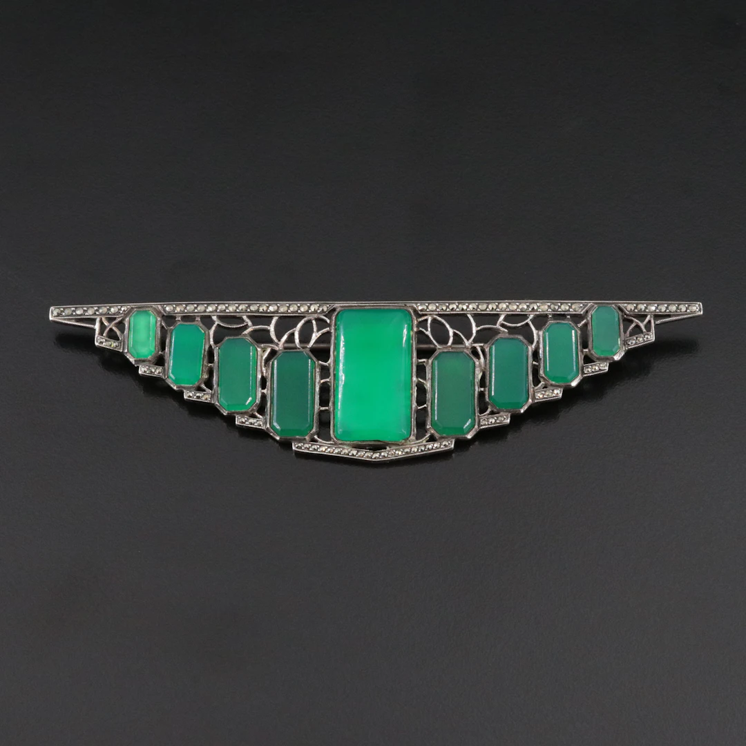 Art Deco Chalcedony Brooch in Sterling with Marcasite and Milgraine Filigree
