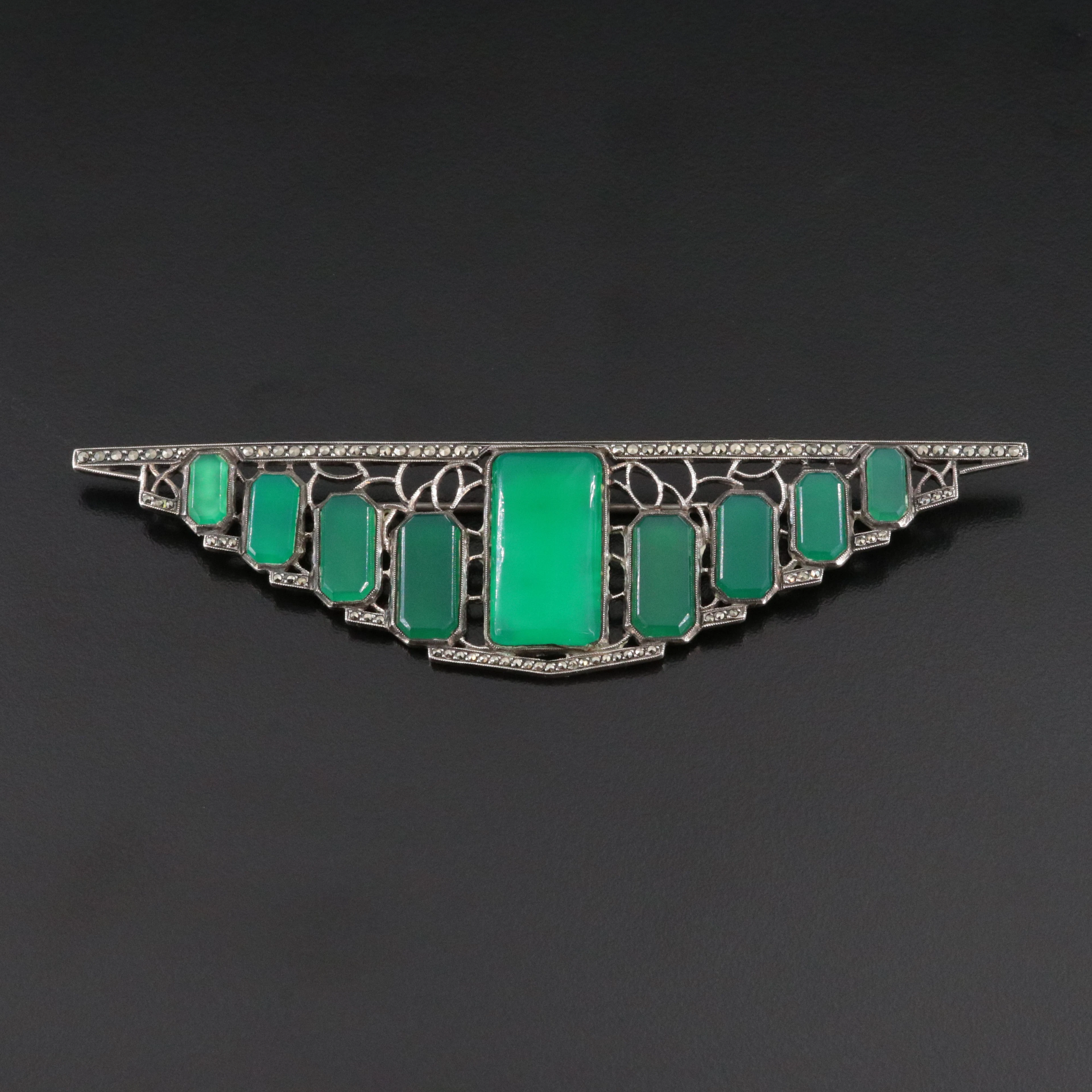 Art Deco Chalcedony Brooch in Sterling with Marcasite and Milgraine Filigree