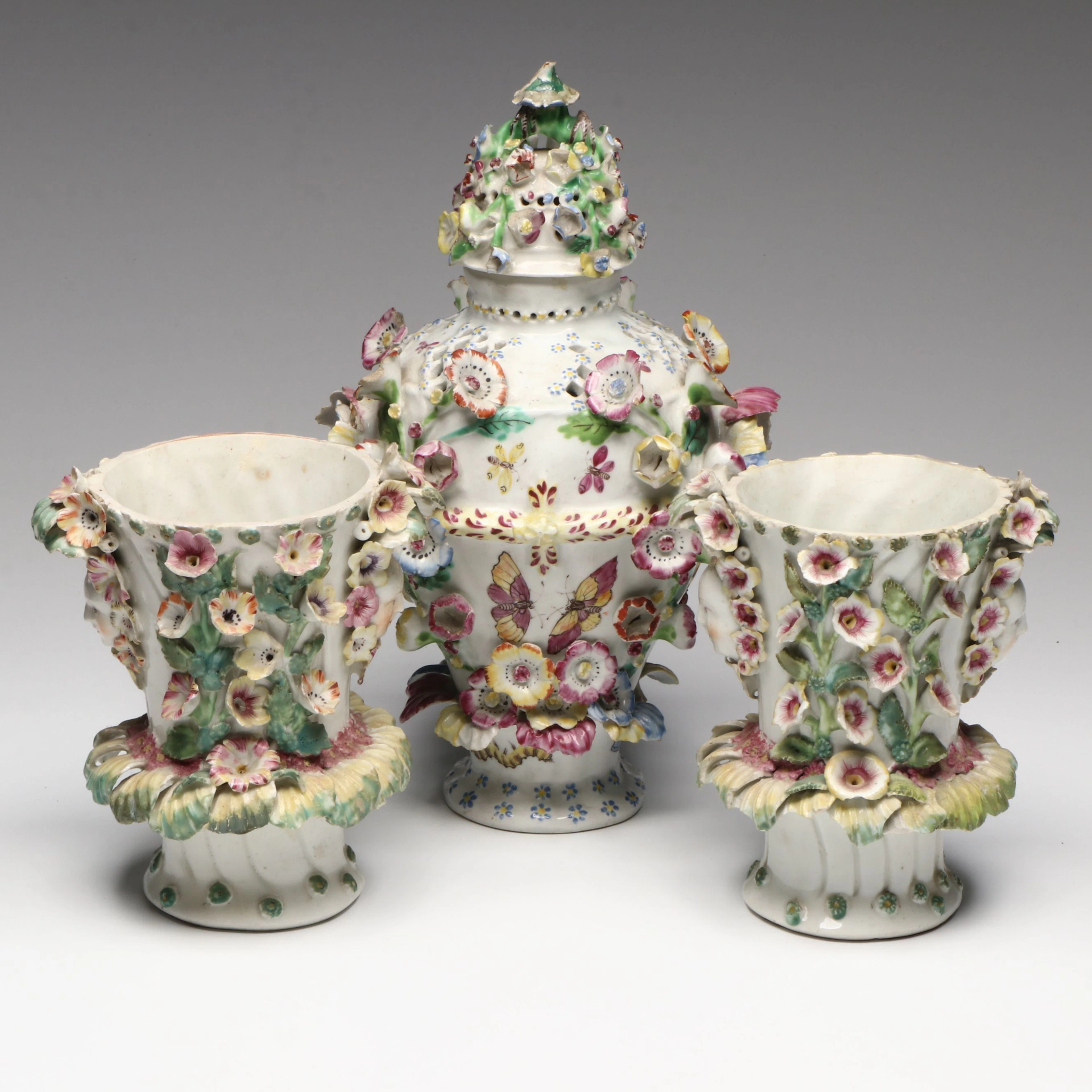 Derby English Floral Soft Paste Porcelain Potpourri Urn with Vases