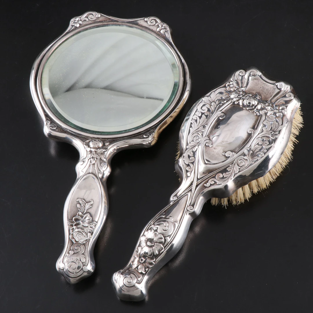 Art Nouveau Sterling Silver Hand Mirror and Brush, Early 20th Century