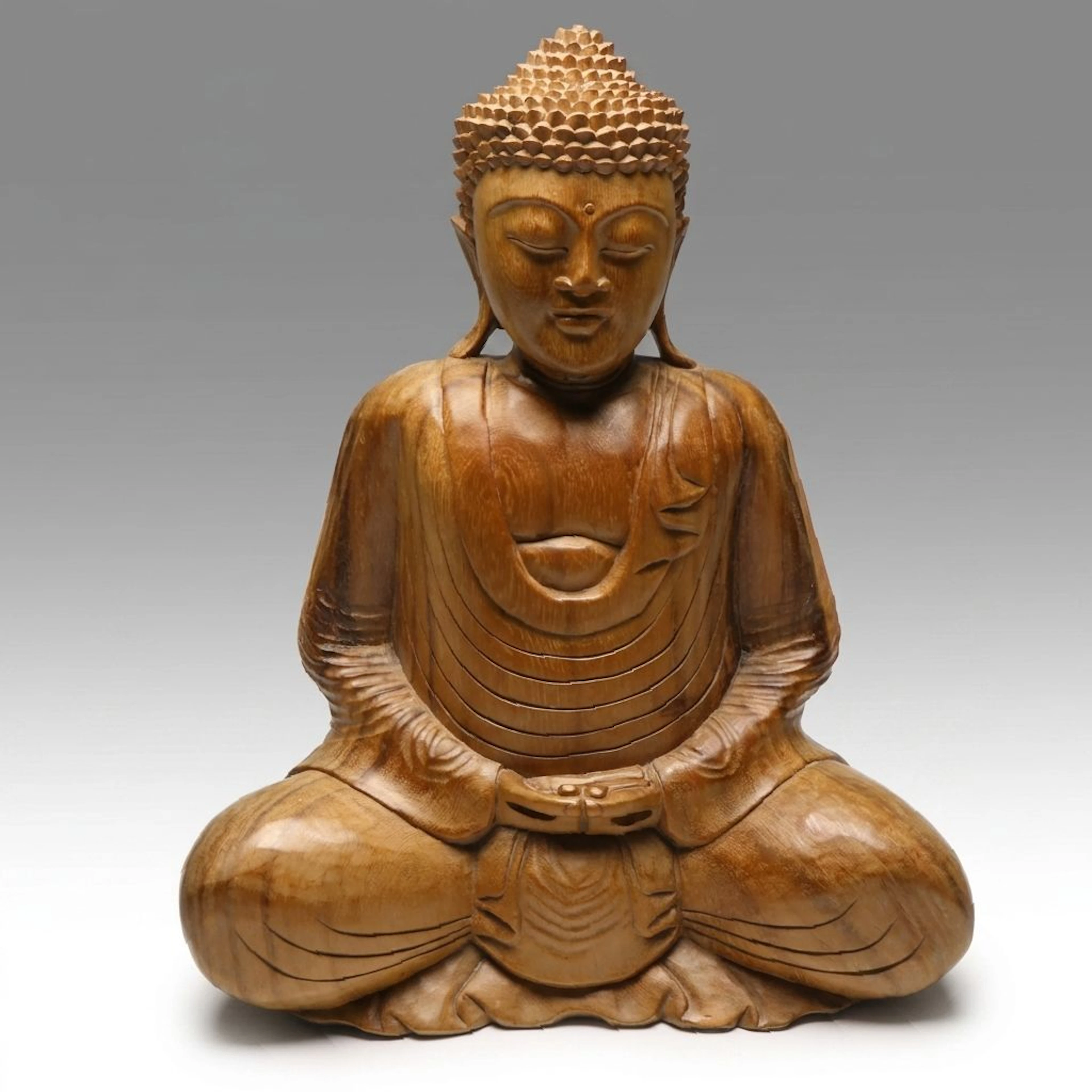 Indonesian Style Carved Wood Seated Buddha Sculpture