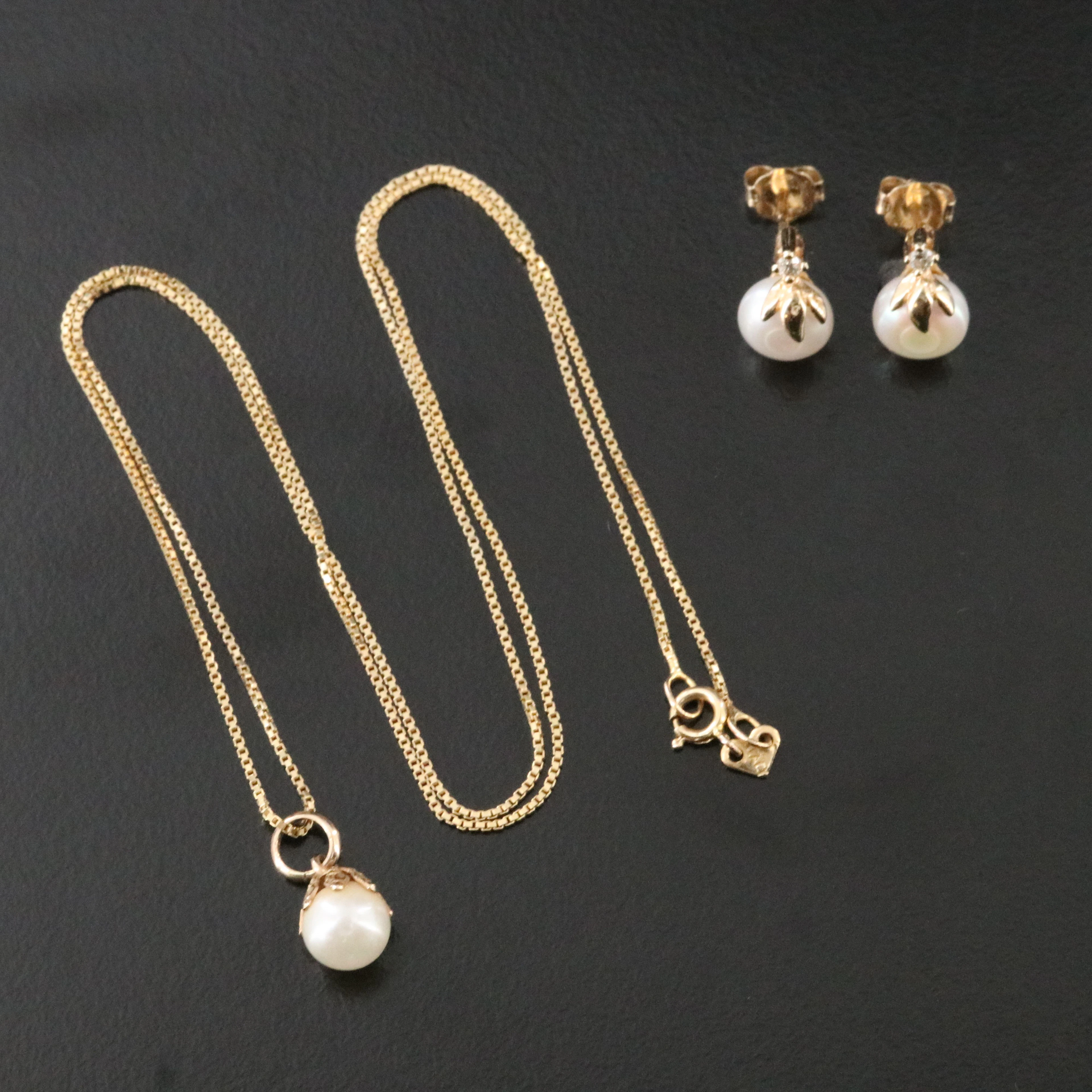 14K Pearl and Diamond Necklace and Earrings