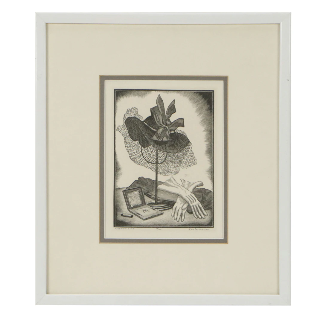 Leo Meissner Woodcut "Assembly Line," 20th Century