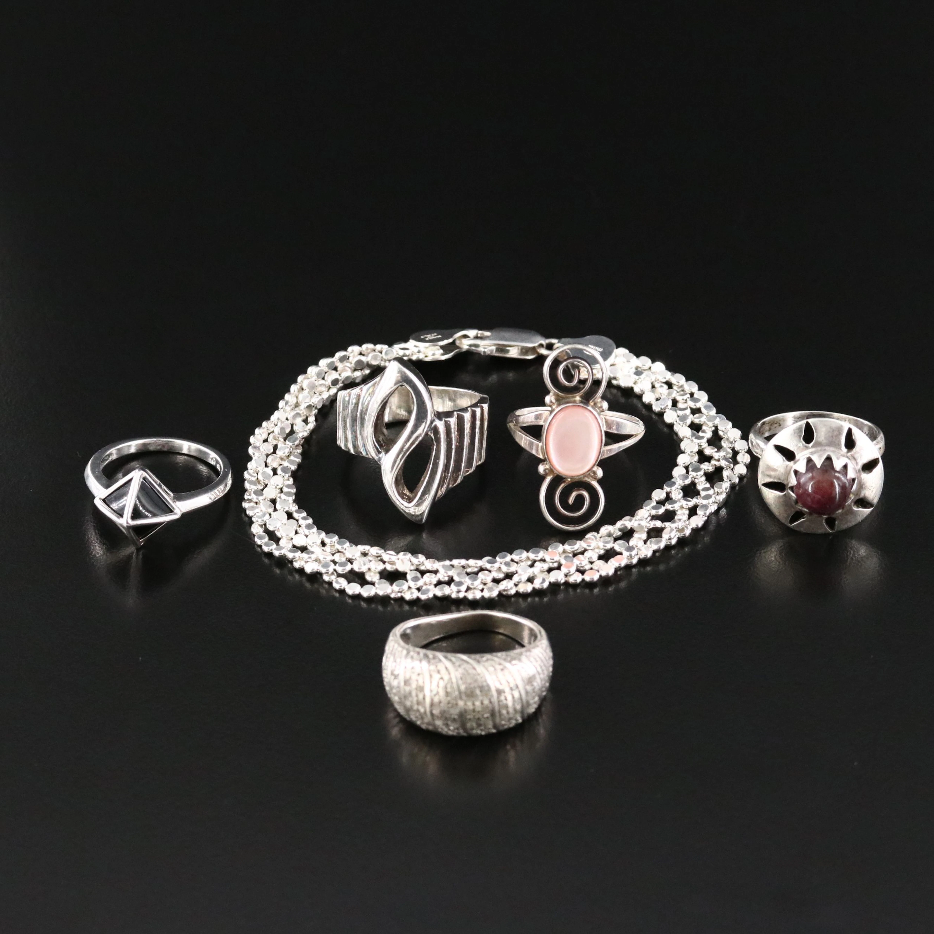 Sterling Rings and Braided Flat Bead Chain Bracelet