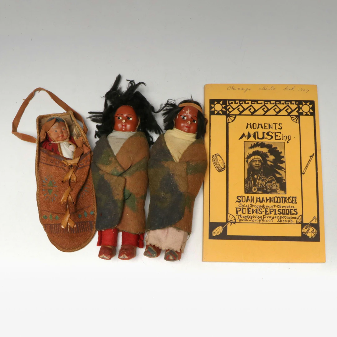 Native American Style Dolls with Chief Strongheart Poetry Book, 20th C.