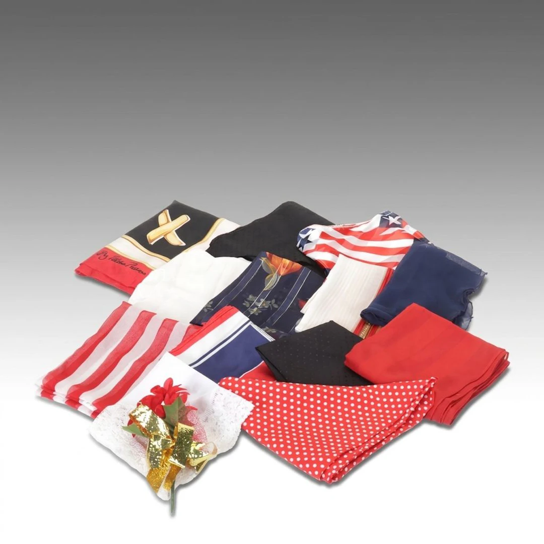 Paloma Picasso, Jaclyn Smith and More Red, White and Navy Patterned Scarves