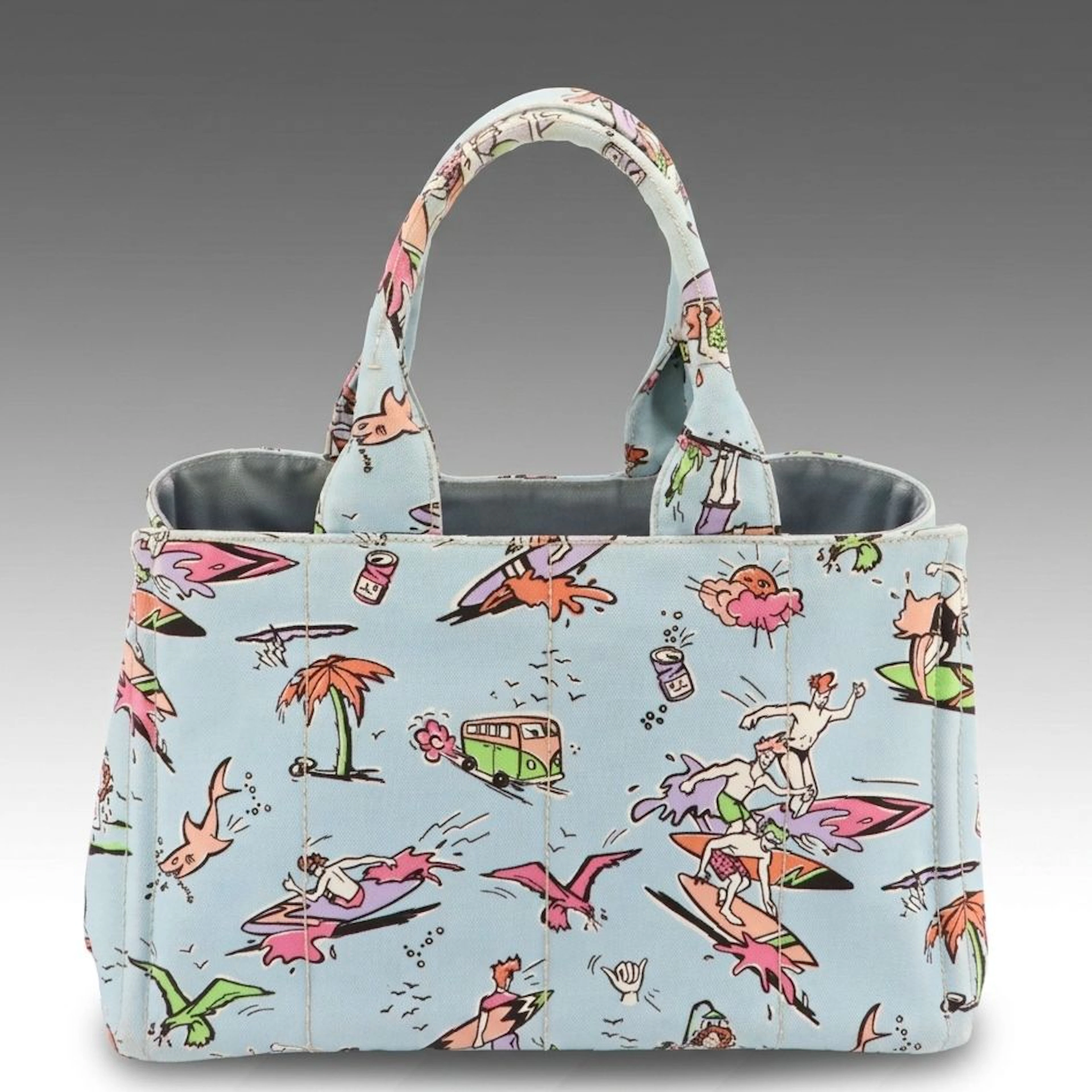 Prada Light Blue Surfing Print Canvas Tote Bag
