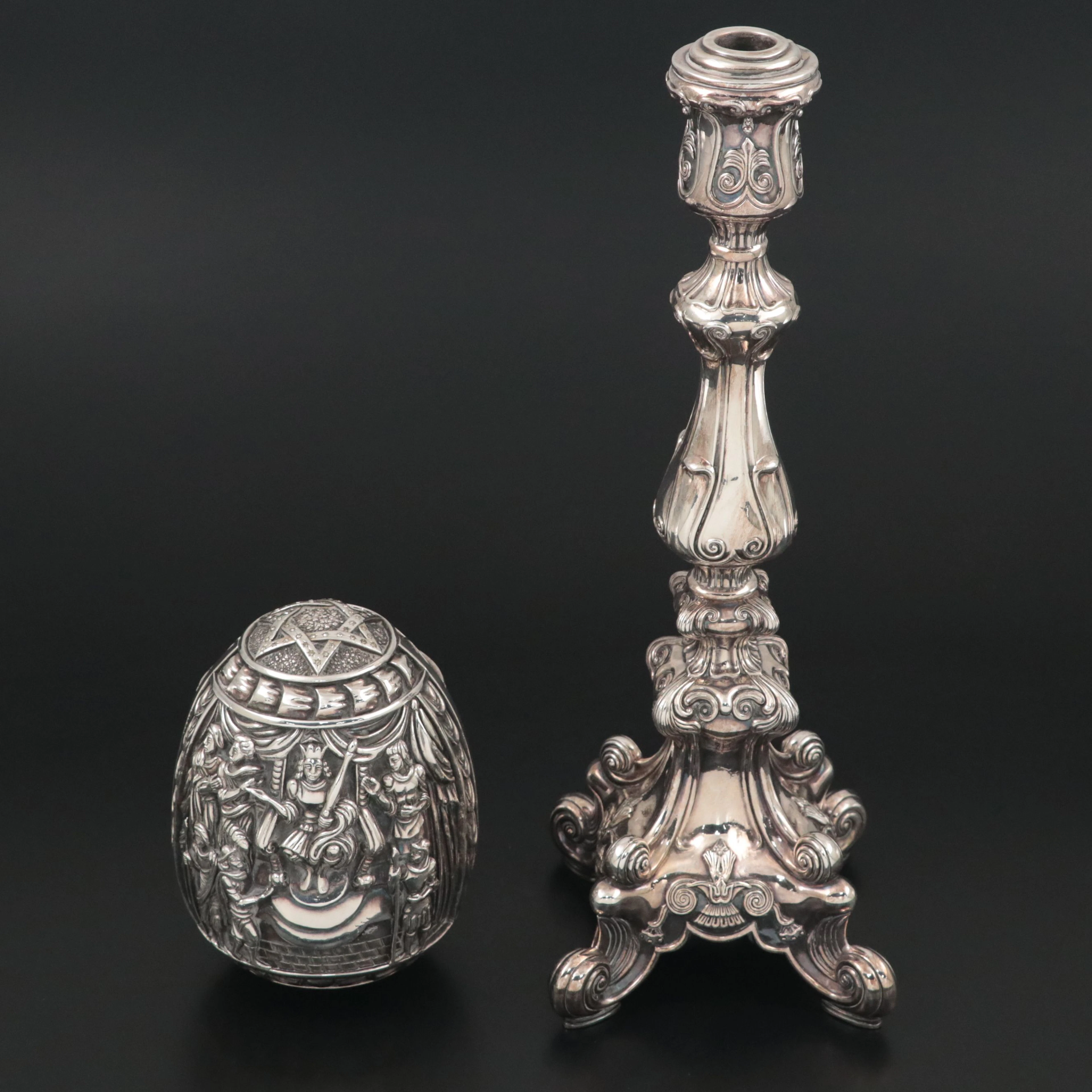 Greek Judaica Sterling Silver Ornamental Egg and Silver Plate Candle Holder