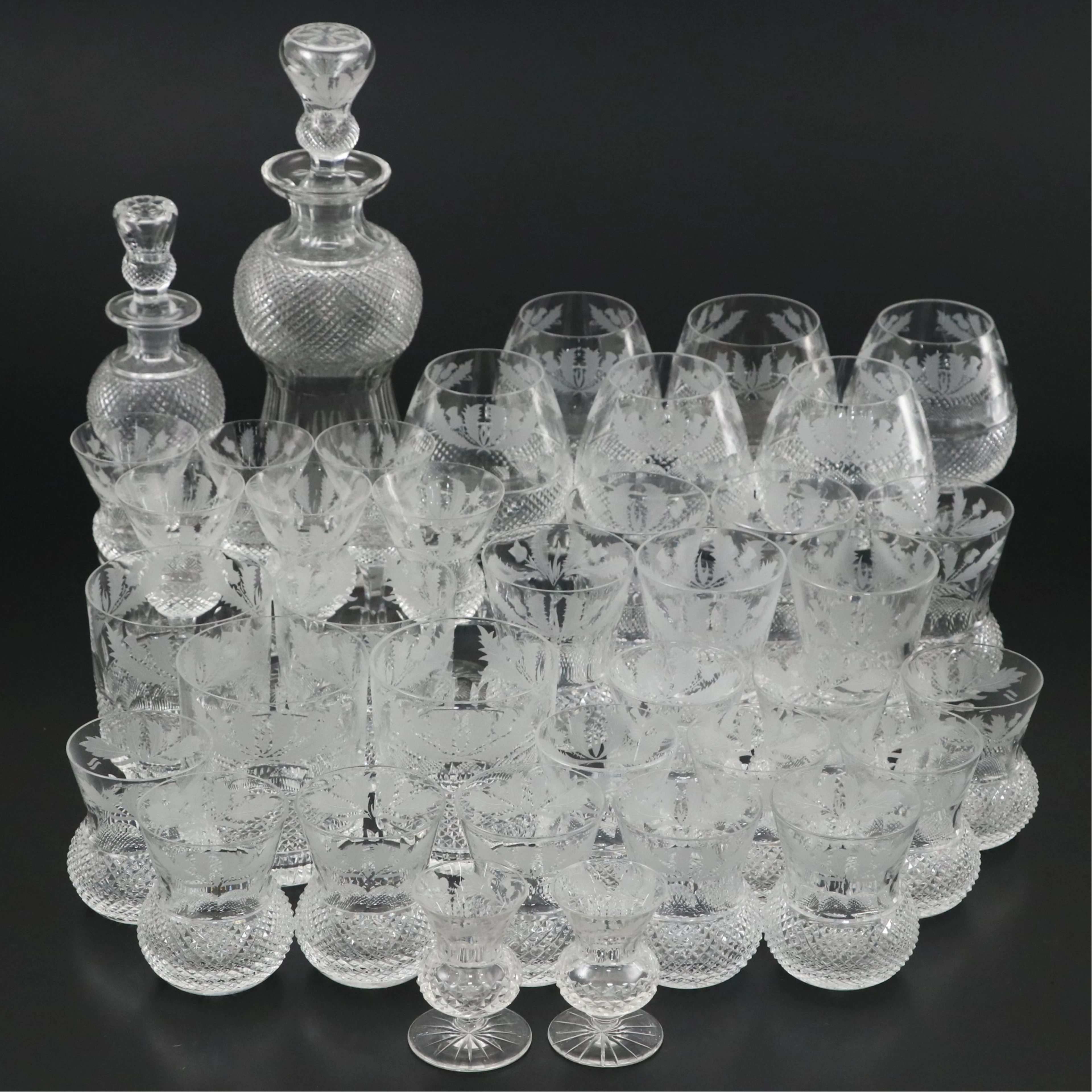 Scottish "Thistle" Etched Crystal Drinkware and Decanters, Mid-20th Century