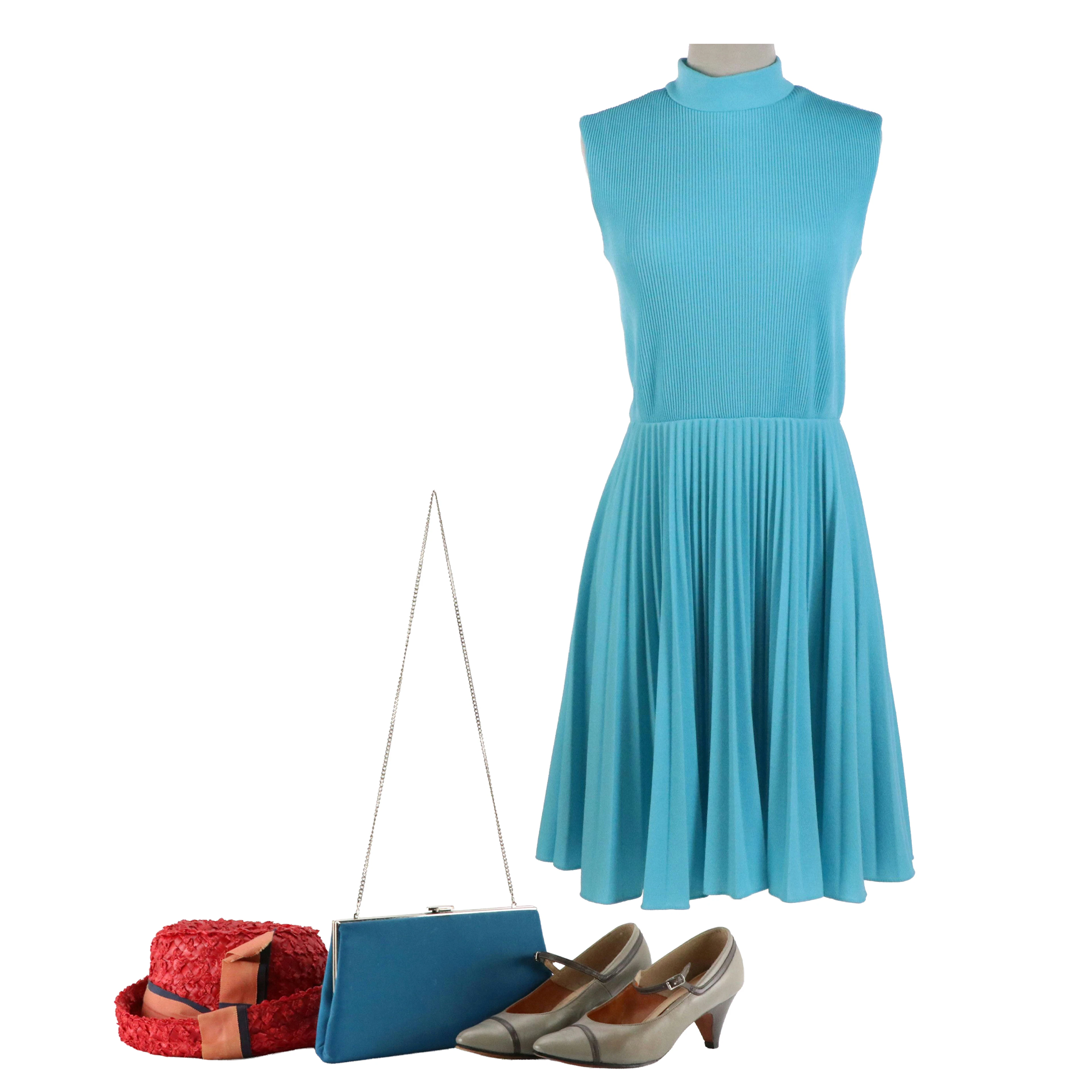 Sue Brett Blue Ribbed/Pleated Skirt Sleeveless Dress, Other Leather