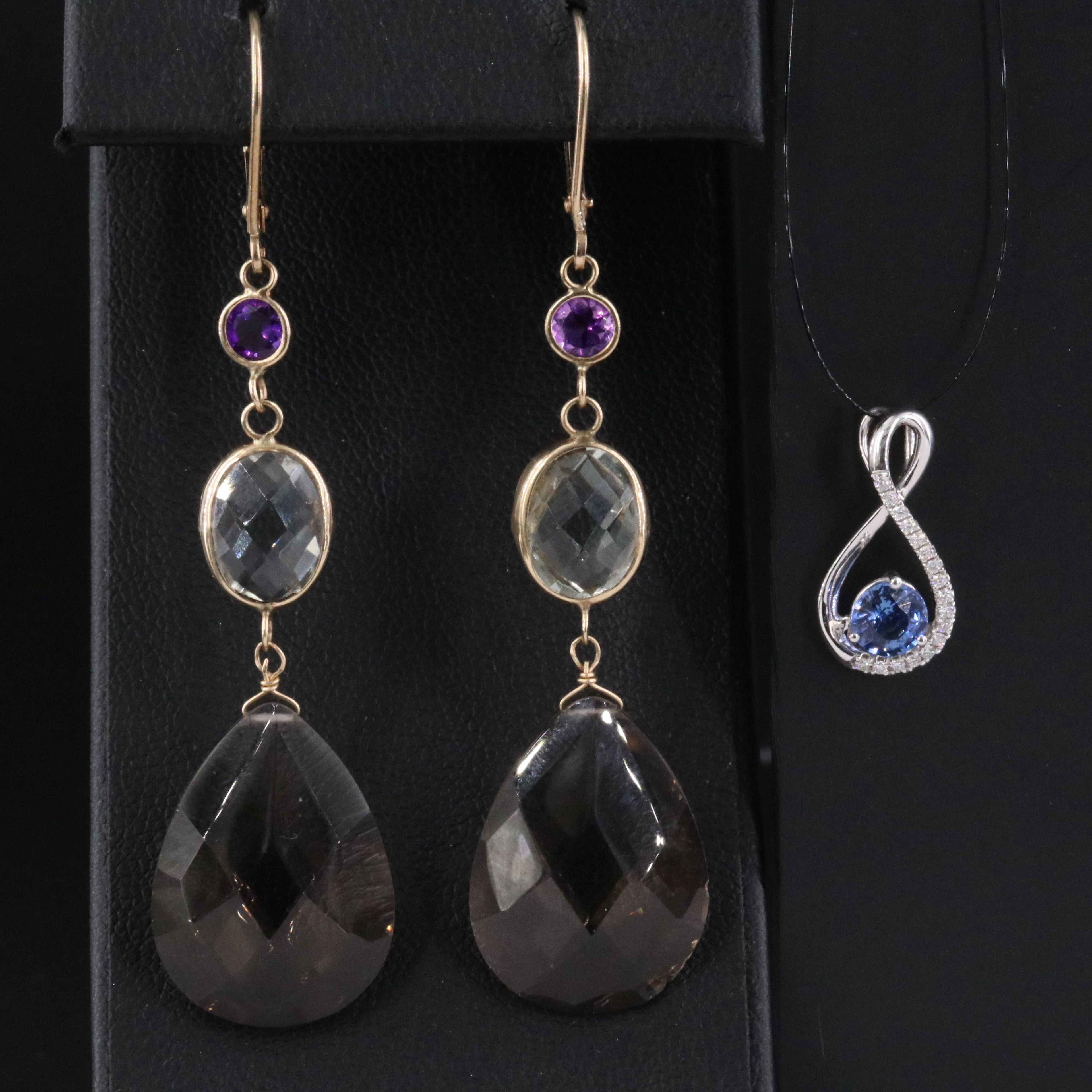 14K Smoky Quartz, Sapphire, Amethyst and Diamond Drop Earrings and Pendant