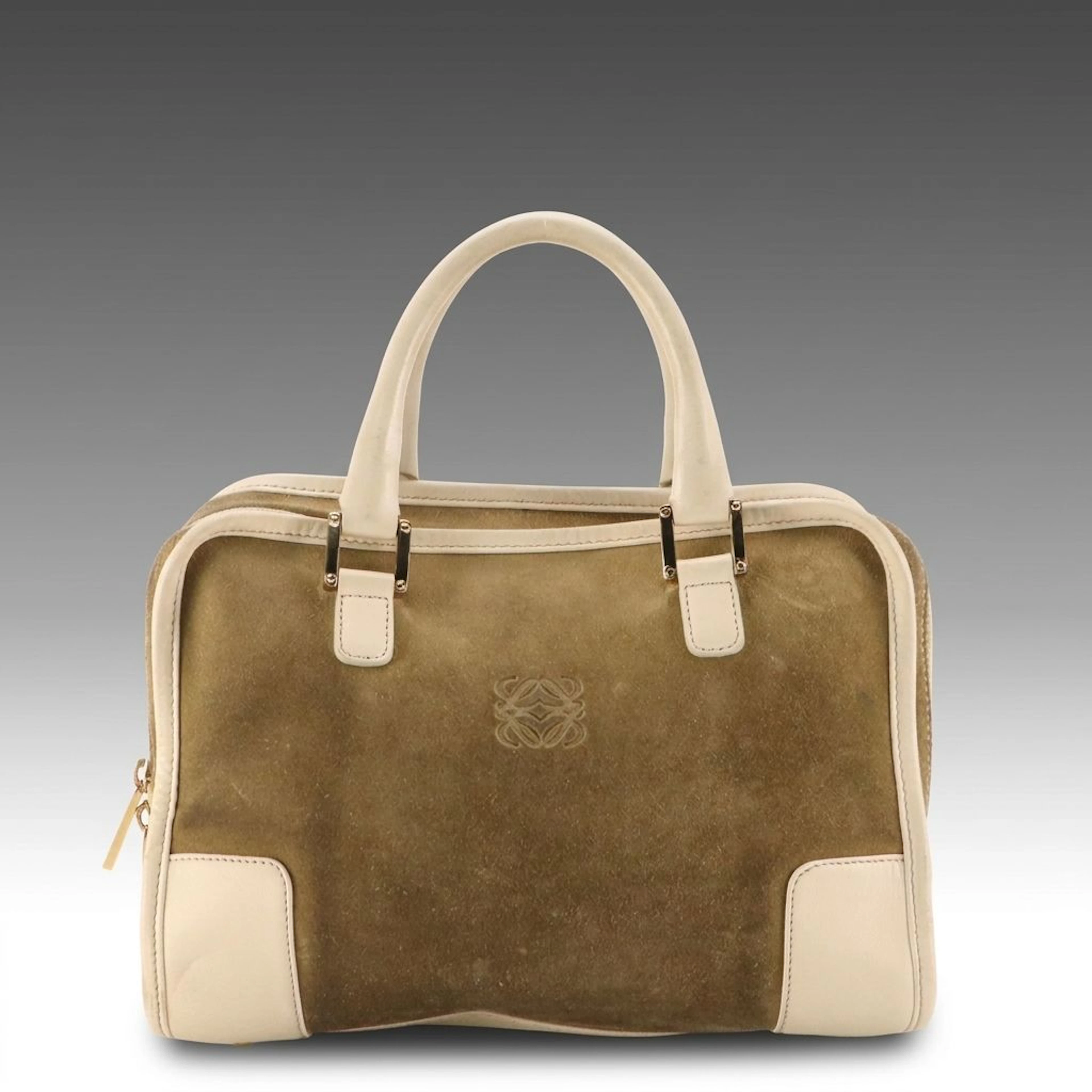Loewe Small Amazona Handbag in Anagram Embossed Brown Suede and White Leather