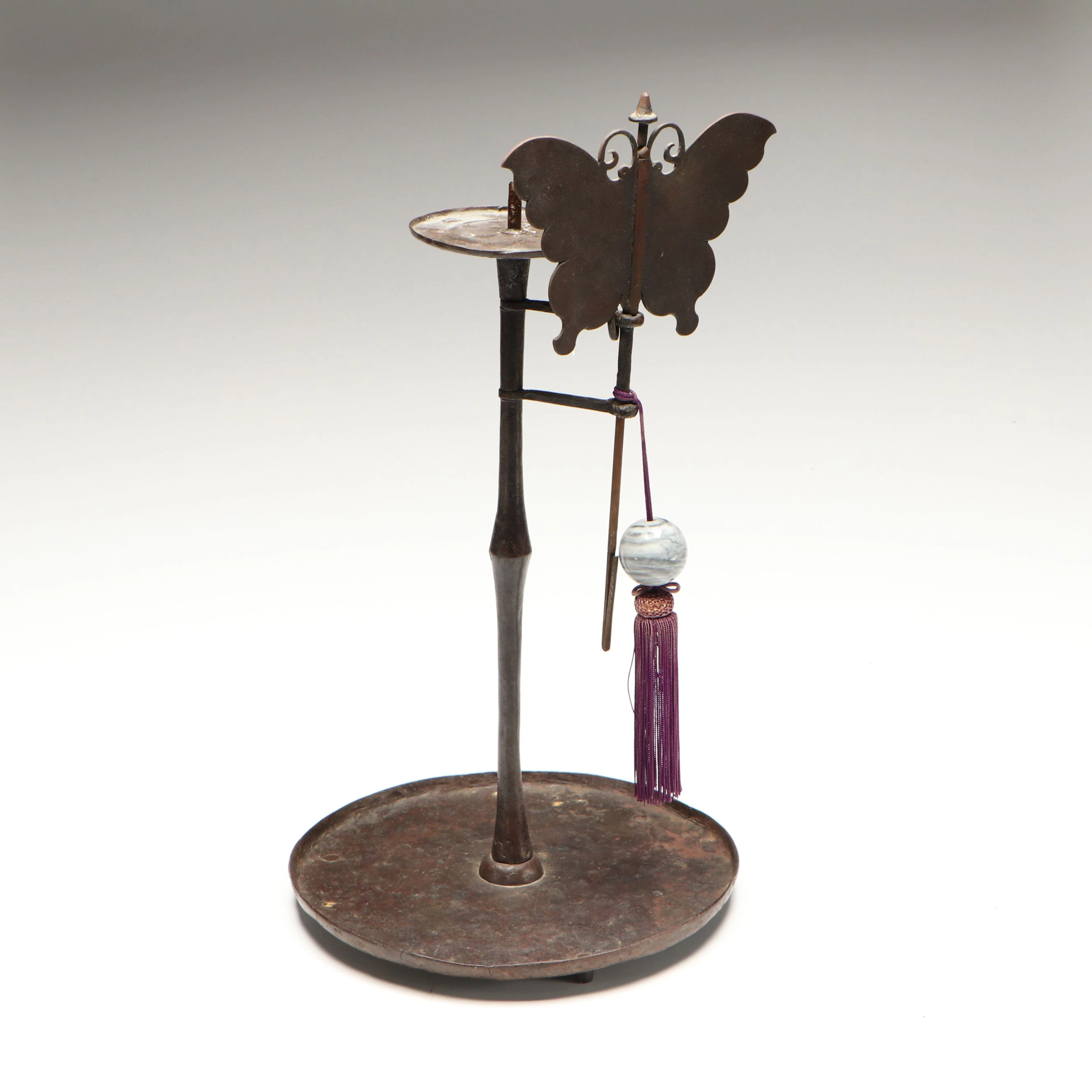 Antique East Asian Madame of the Night Butterfly Hand-Wrought Iron Candlestick
