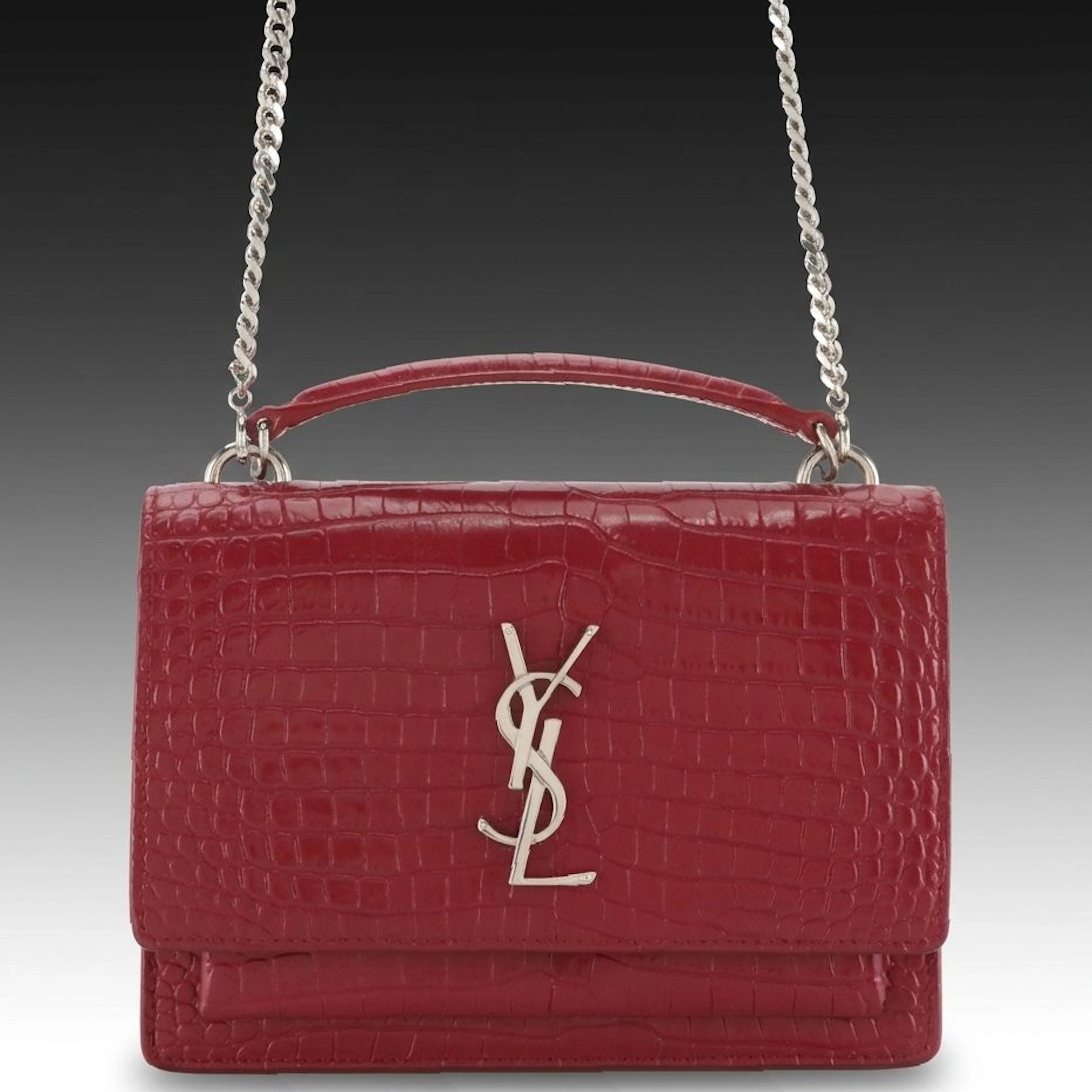 Saint Laurent Sunset Chain Strap Bag in Maroon Croc Embossed Leather