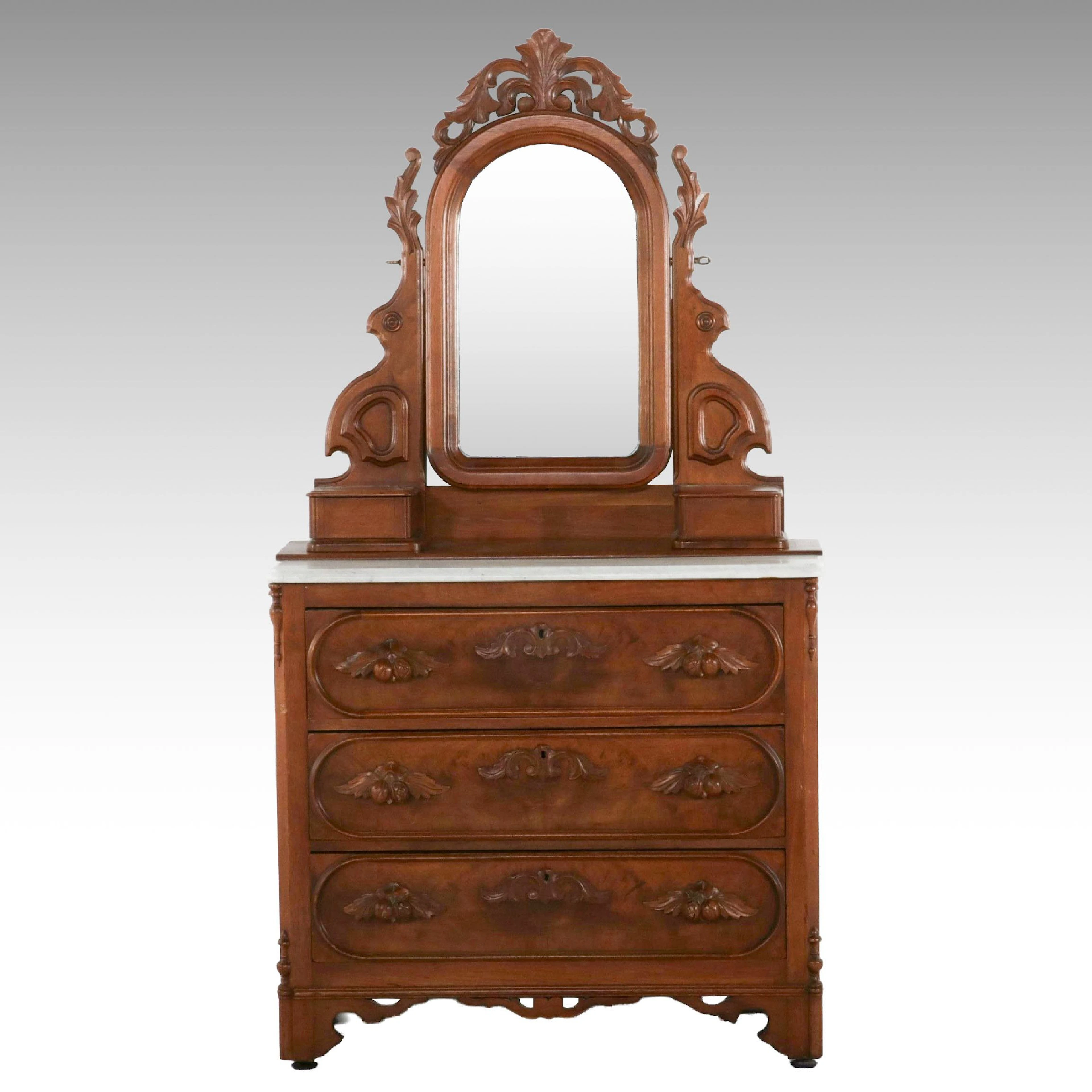 Victorian Renaissance Revival Walnut Marble Top Dresser with Wishbone Mirror