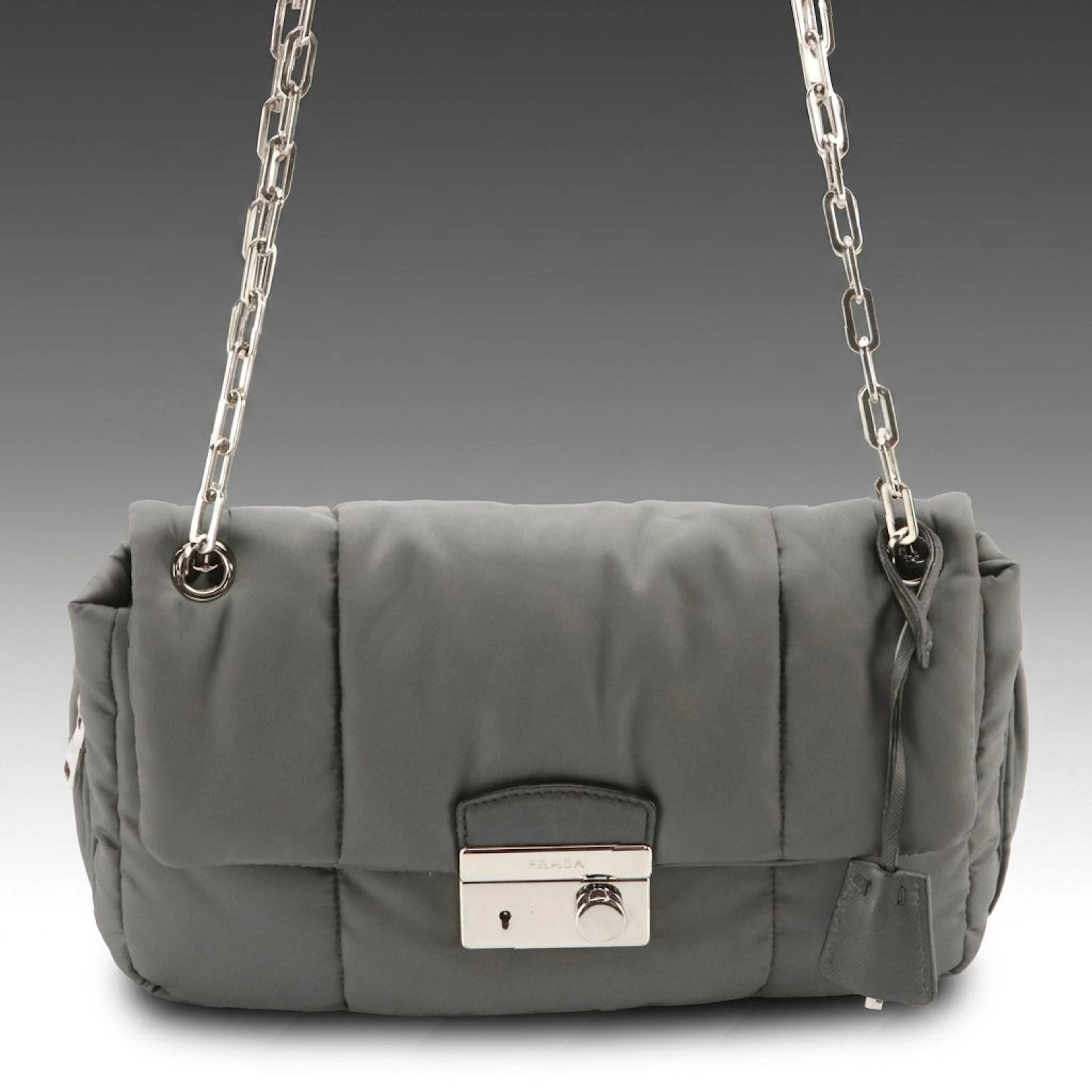 Prada Tessuto Bomber Shoulder Bag in Grey Quilted Nylon and Saffiano Leather