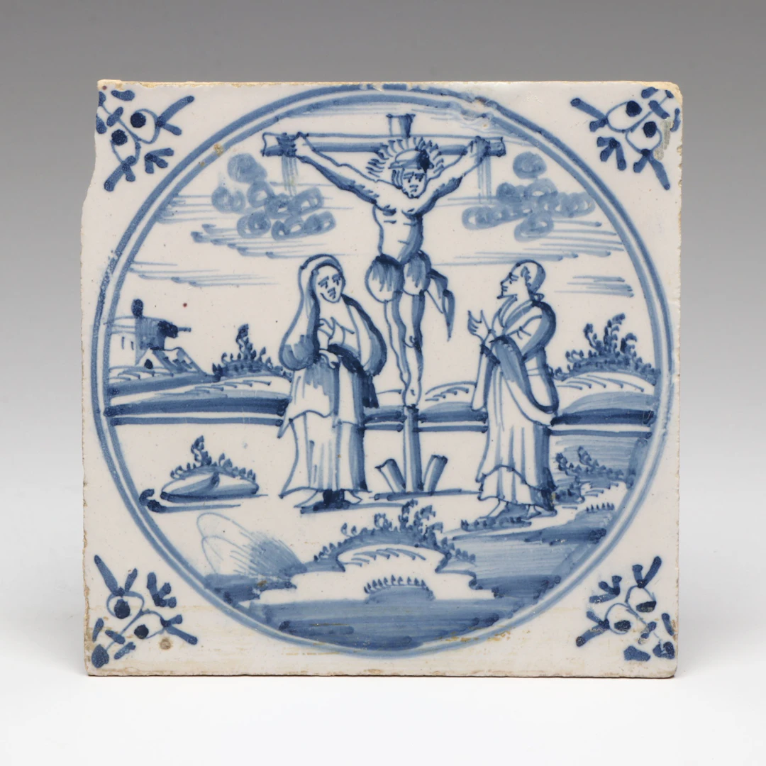 Antique Delft Blue and White Crucifixion Scene Tile, 18th Century
