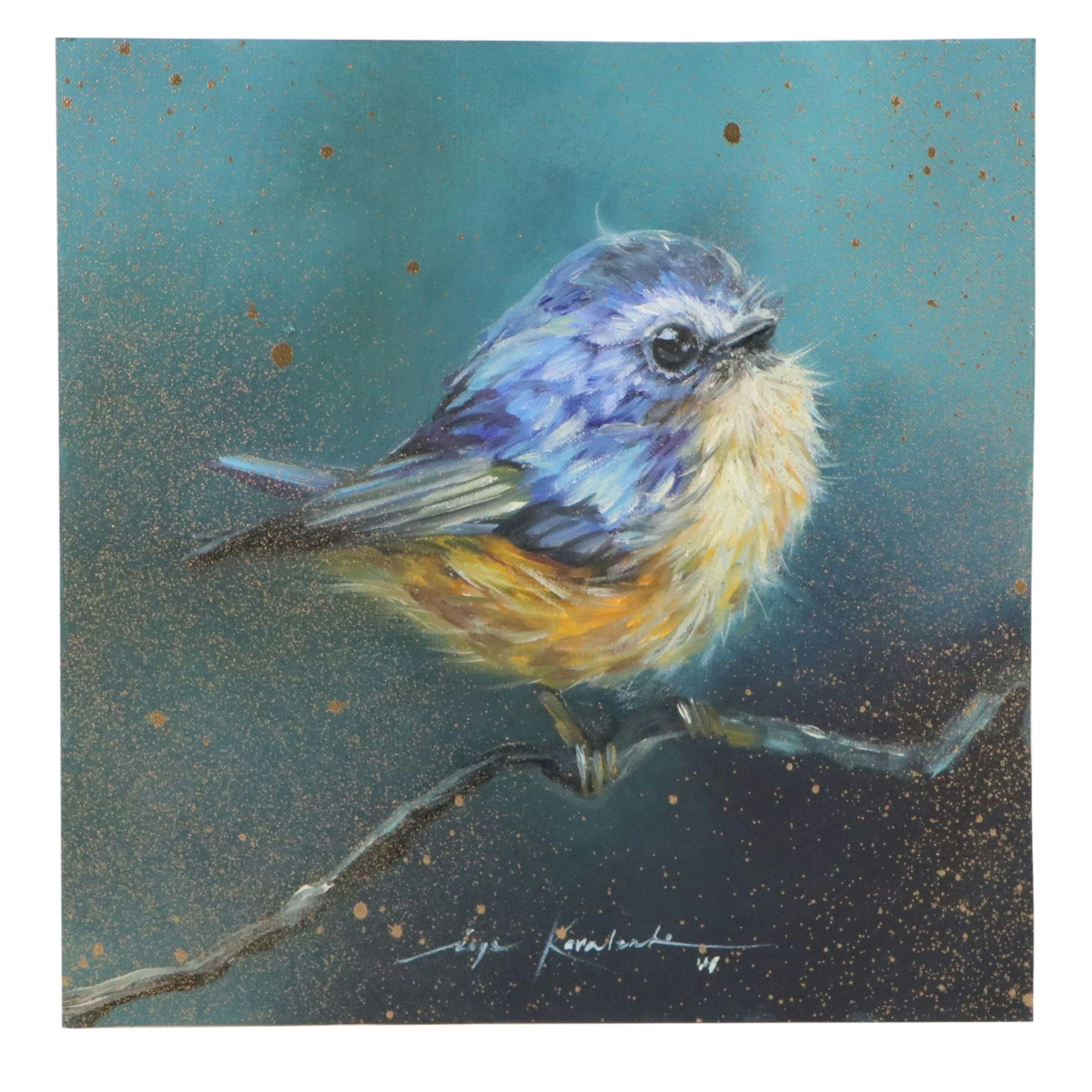 Inga Kovalenko Embellished Oil Painting of a Red-Flanked Bluetail Bird, 2026