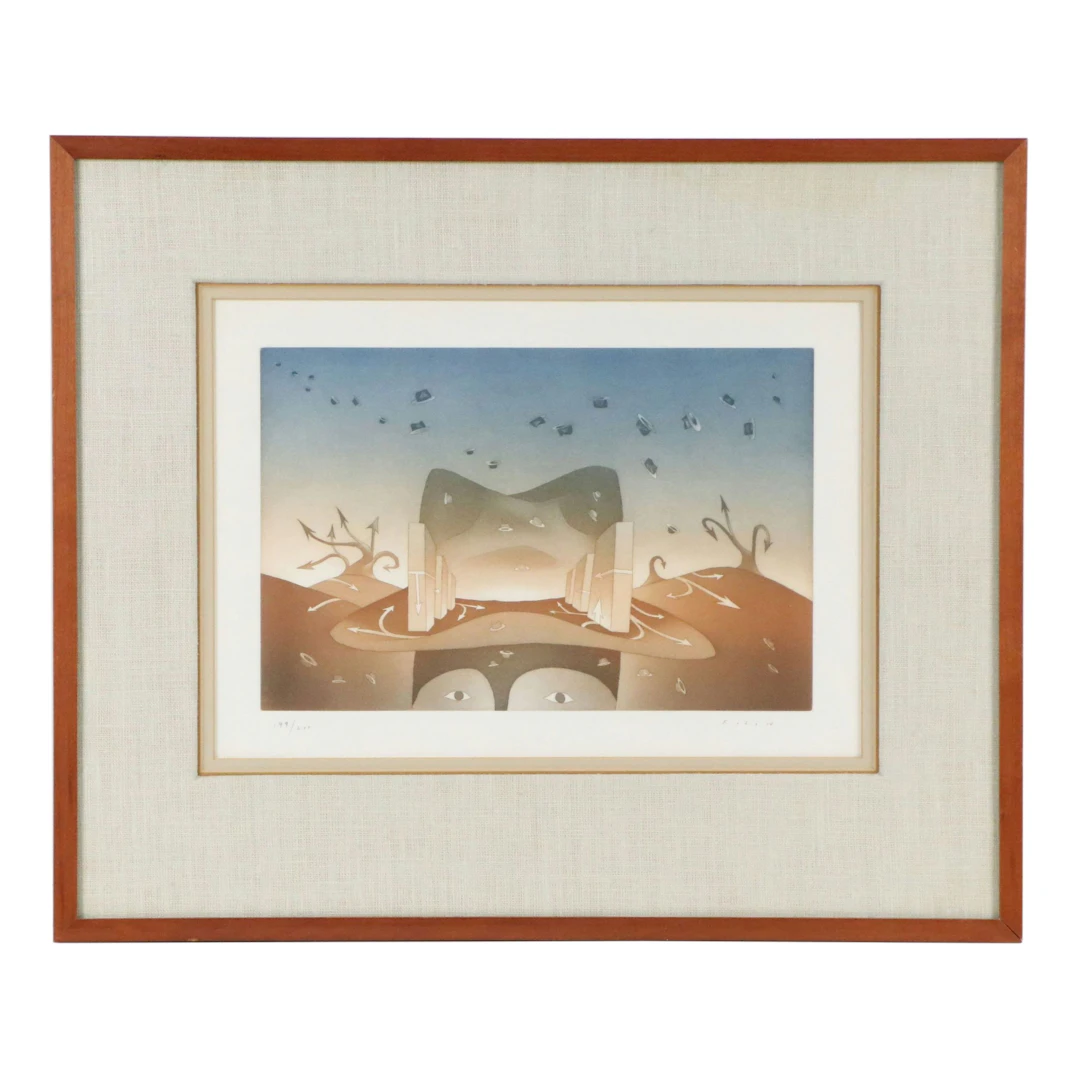 Jean-Michel Folon Surrealist Etching with Aquatint of Hatted Figure