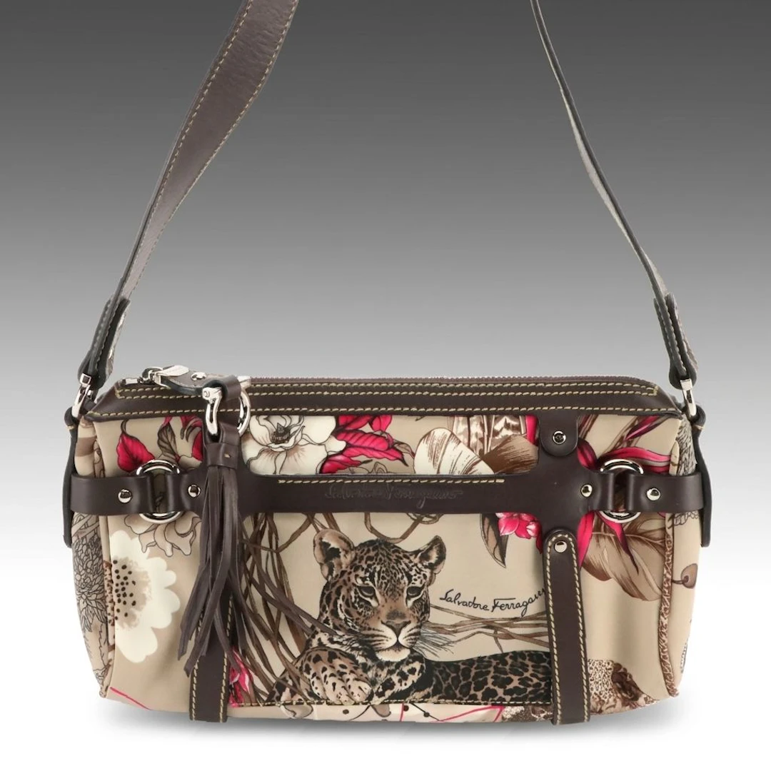 Salvatore Ferragamo Fiera Jungle Print Shoulder Bag in Nylon and Brown Leather