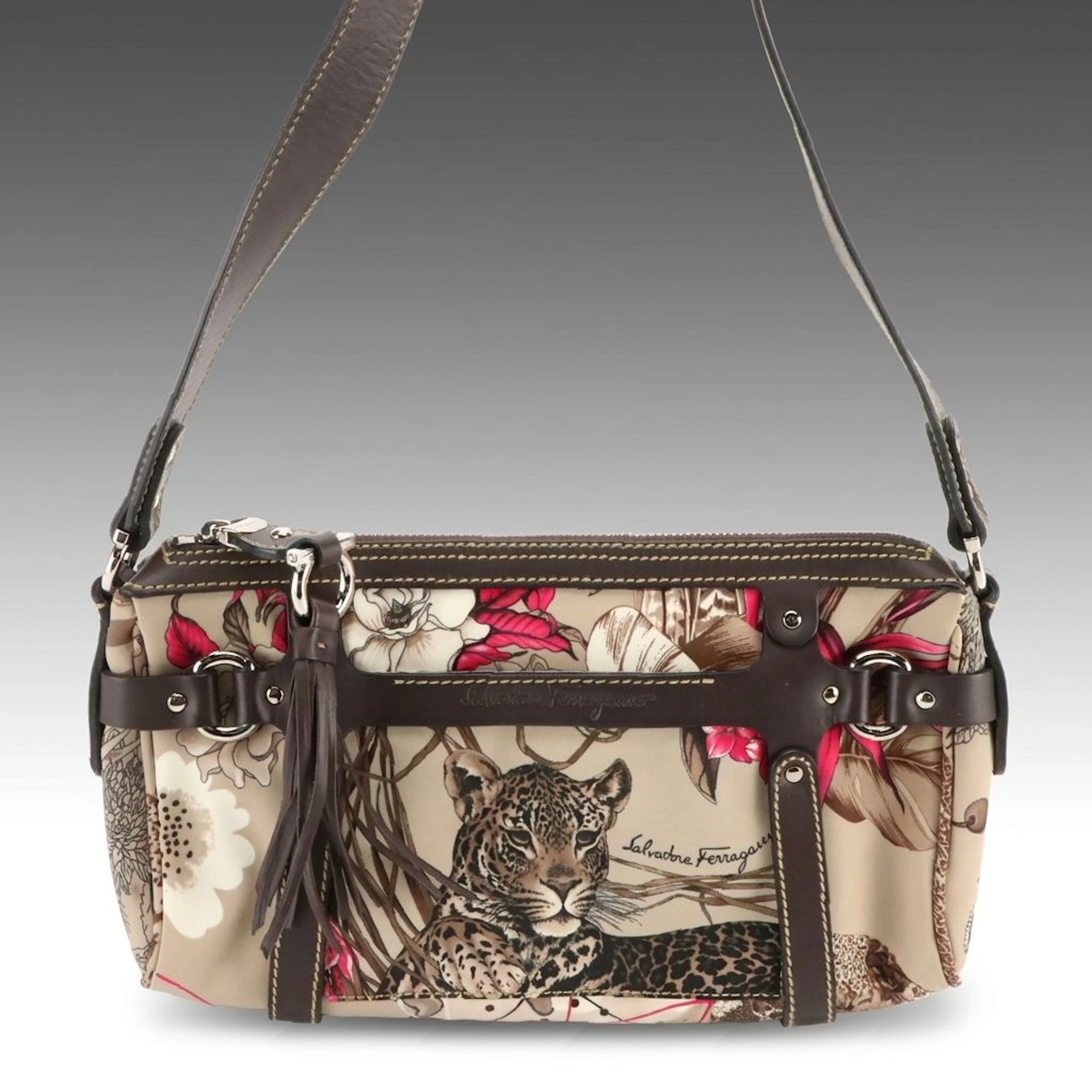 Salvatore Ferragamo Fiera Jungle Print Shoulder Bag in Nylon and Brown Leather